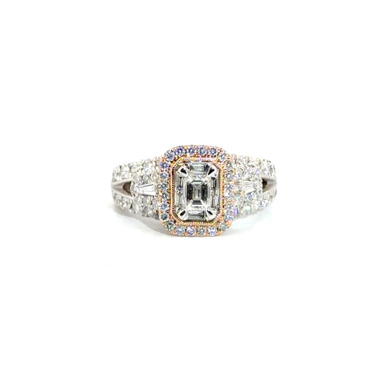 Natural Emerald Cut Diamond Engagement Ring Set in 14K White Gold with Rose Gold Accent