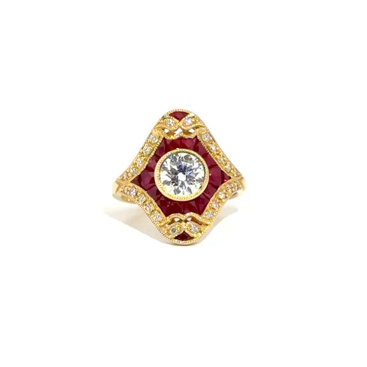 1.01ct. Natural Round Diamond Set in Vintage Style Ruby & Diamond Ring Set in 14K Yellow Gold