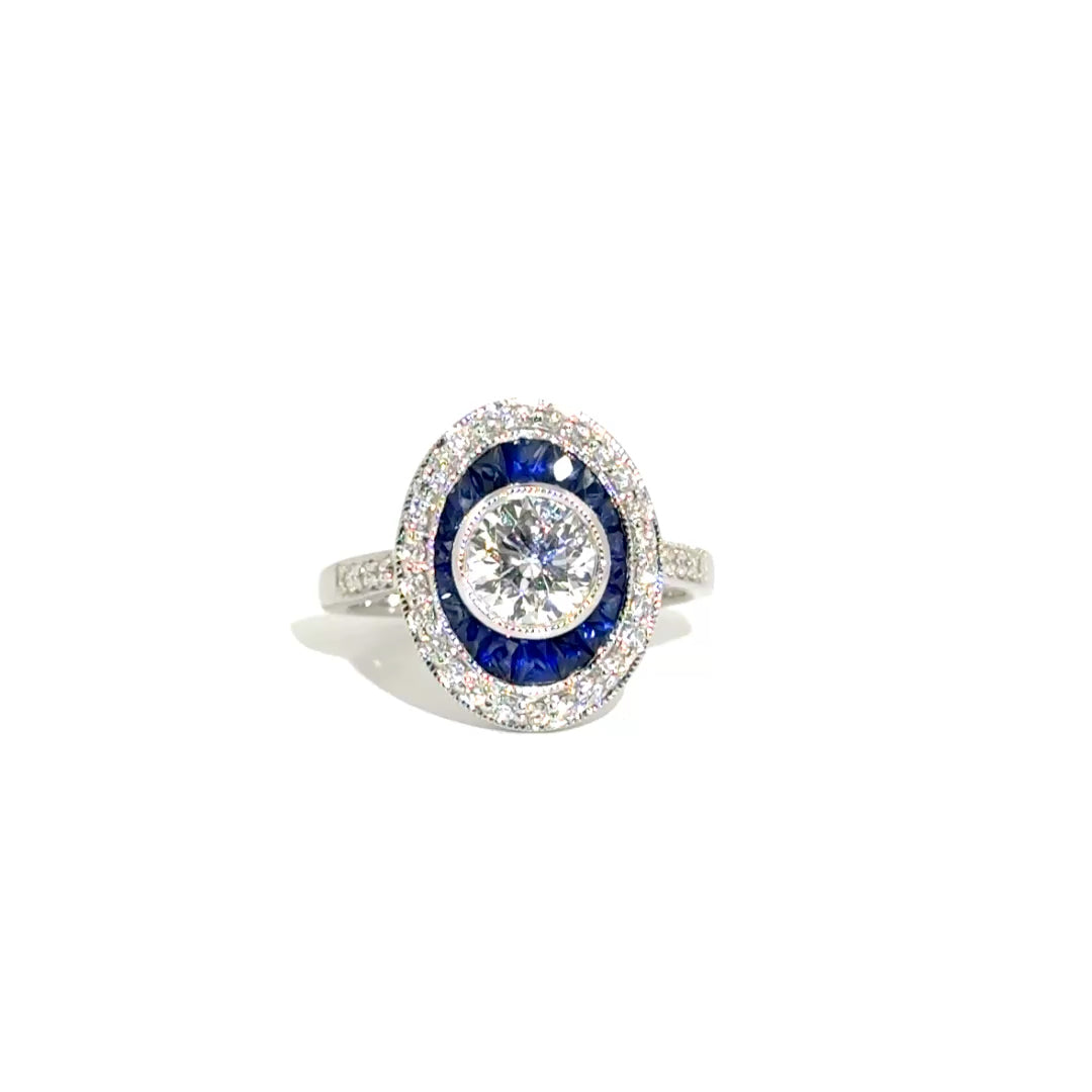 1.0ct Natural Round Diamond Set in Vintage Style Sapphire & Diamond Ring Set in 14K White Gold