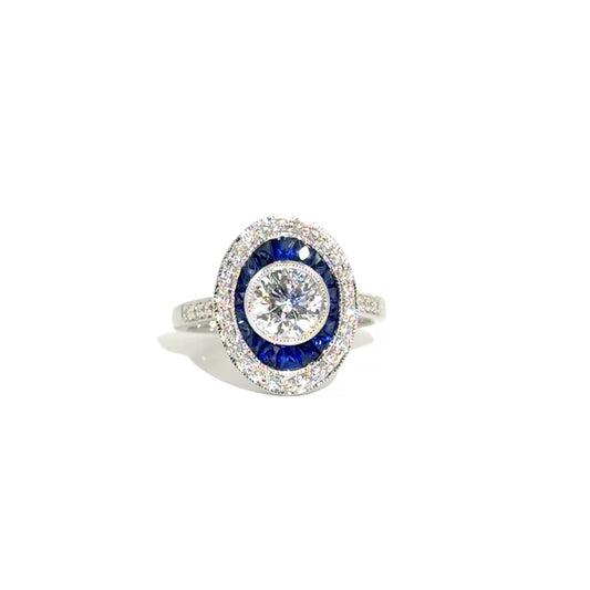 1.0ct Natural Round Diamond Set in Vintage Style Sapphire & Diamond Ring Set in 14K White Gold