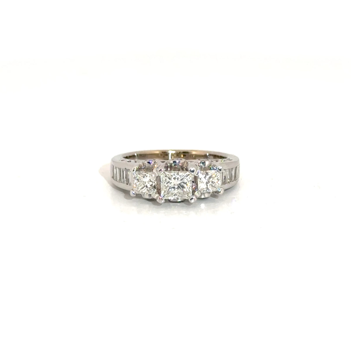 Three Stone Natural Princess Engagement Ring in 14K White Gold Sz 4.5