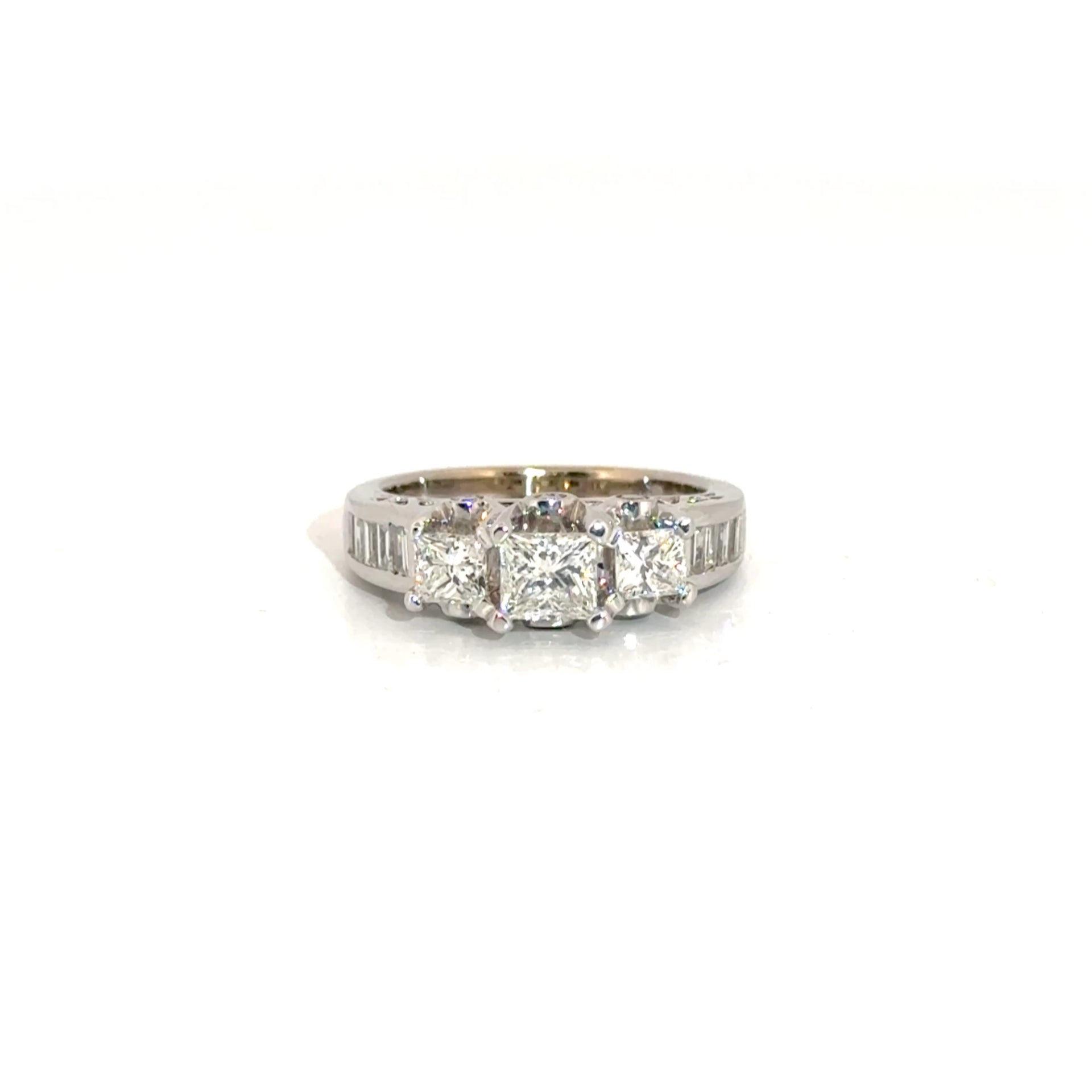 Three Stone Natural Princess Engagement Ring in 14K White Gold