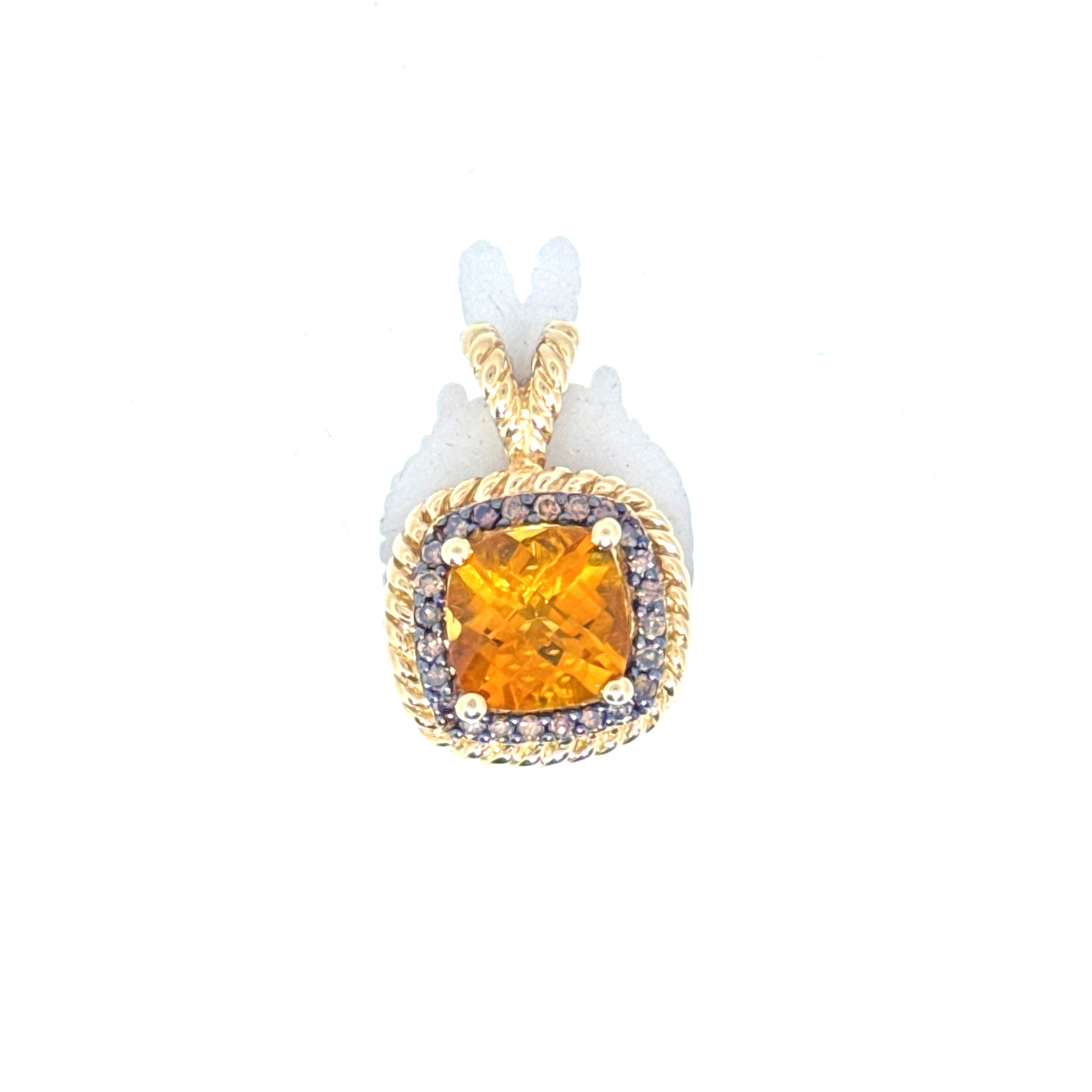 Natural Diamond & Citrine Rope Textured Pendant in 14K Yellow Gold