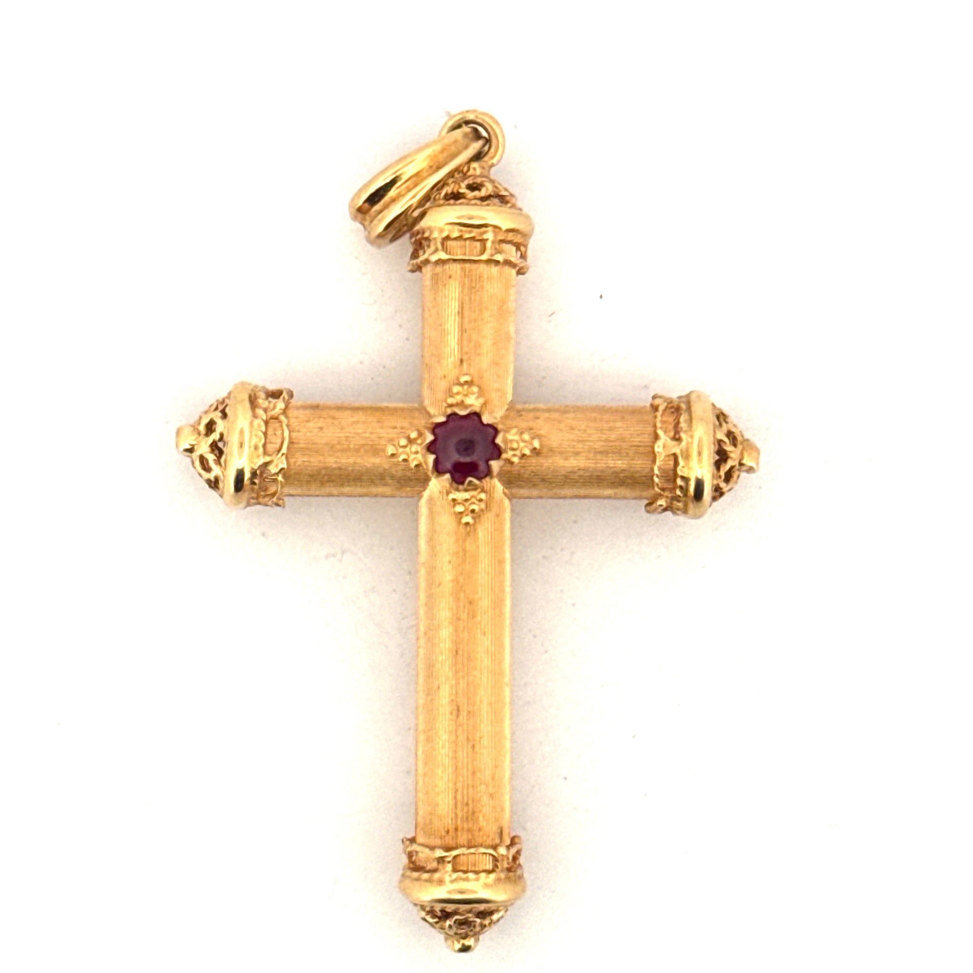Cross Pendant Featuring a Ruby Cabochon in 18K Yellow Gold