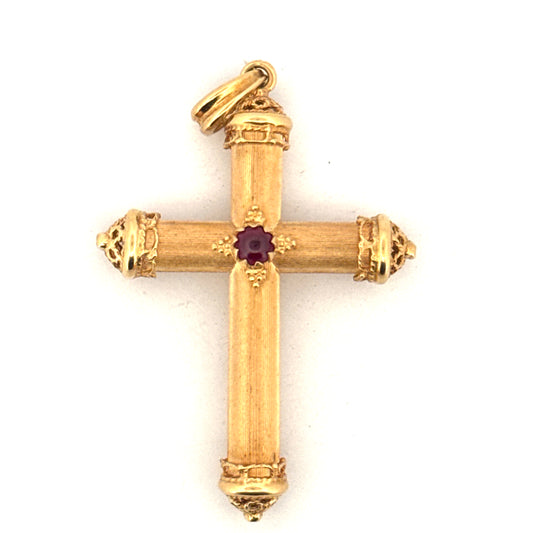Cross Pendant Featuring a Ruby Cabochon in 18K Yellow Gold