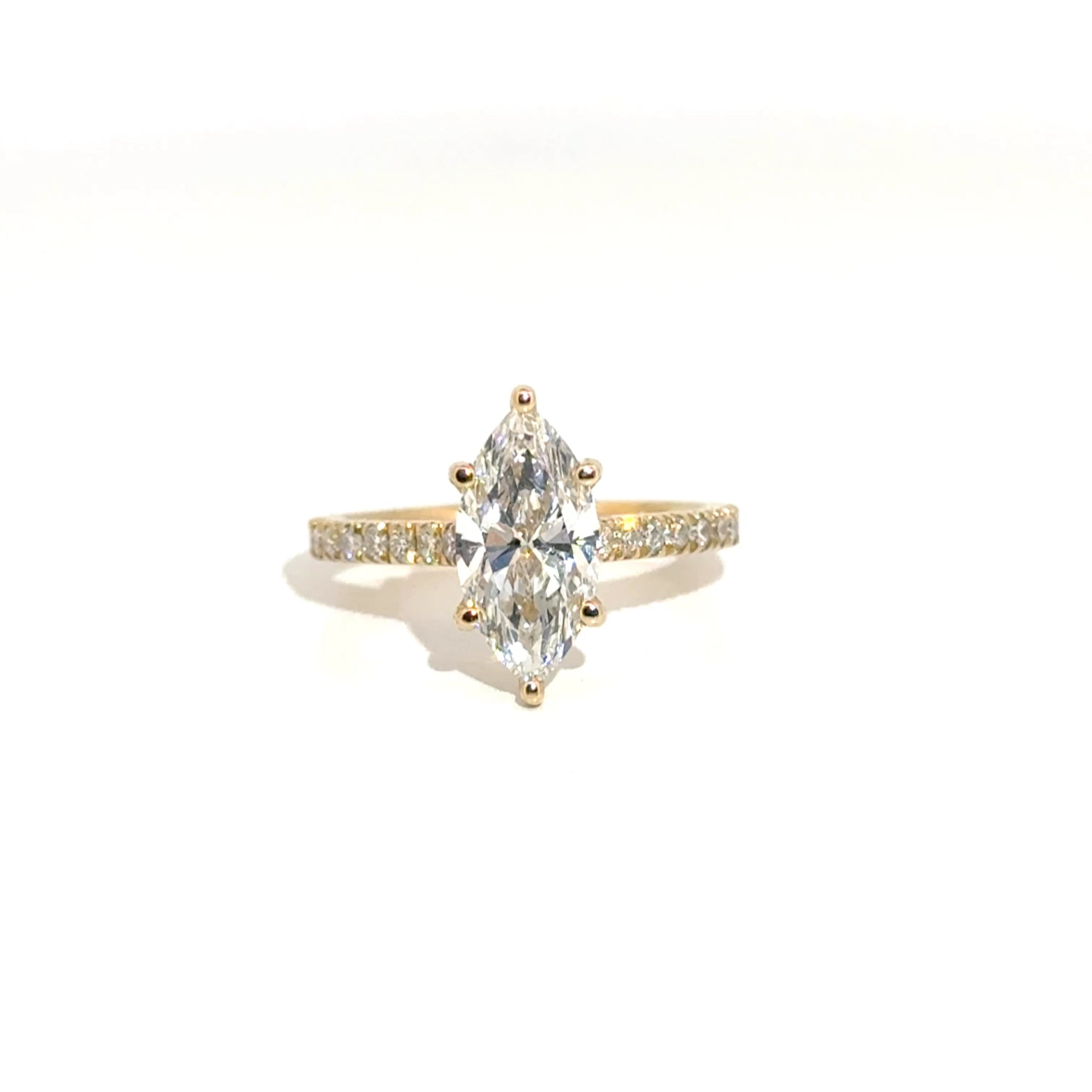2.09ct. E VS1 Lab Grown Marquise Diamond Engagement Ring in Diamond Cathedral 14K Yellow Gold Mounting