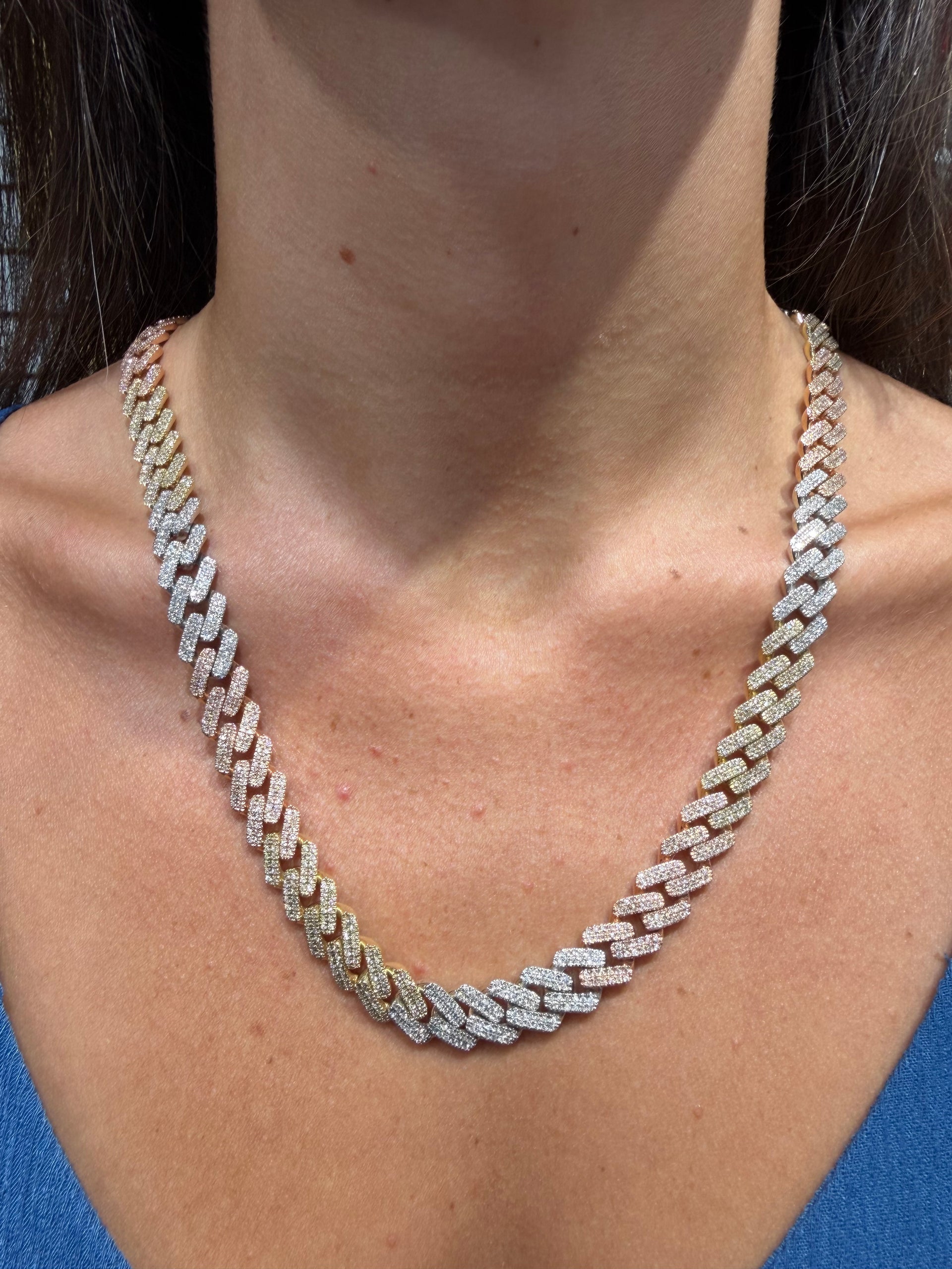 Tri Tone 9.42cttw. Natural Diamond Cuban in 10K White, Yellow, and Rose Gold (83.7g)