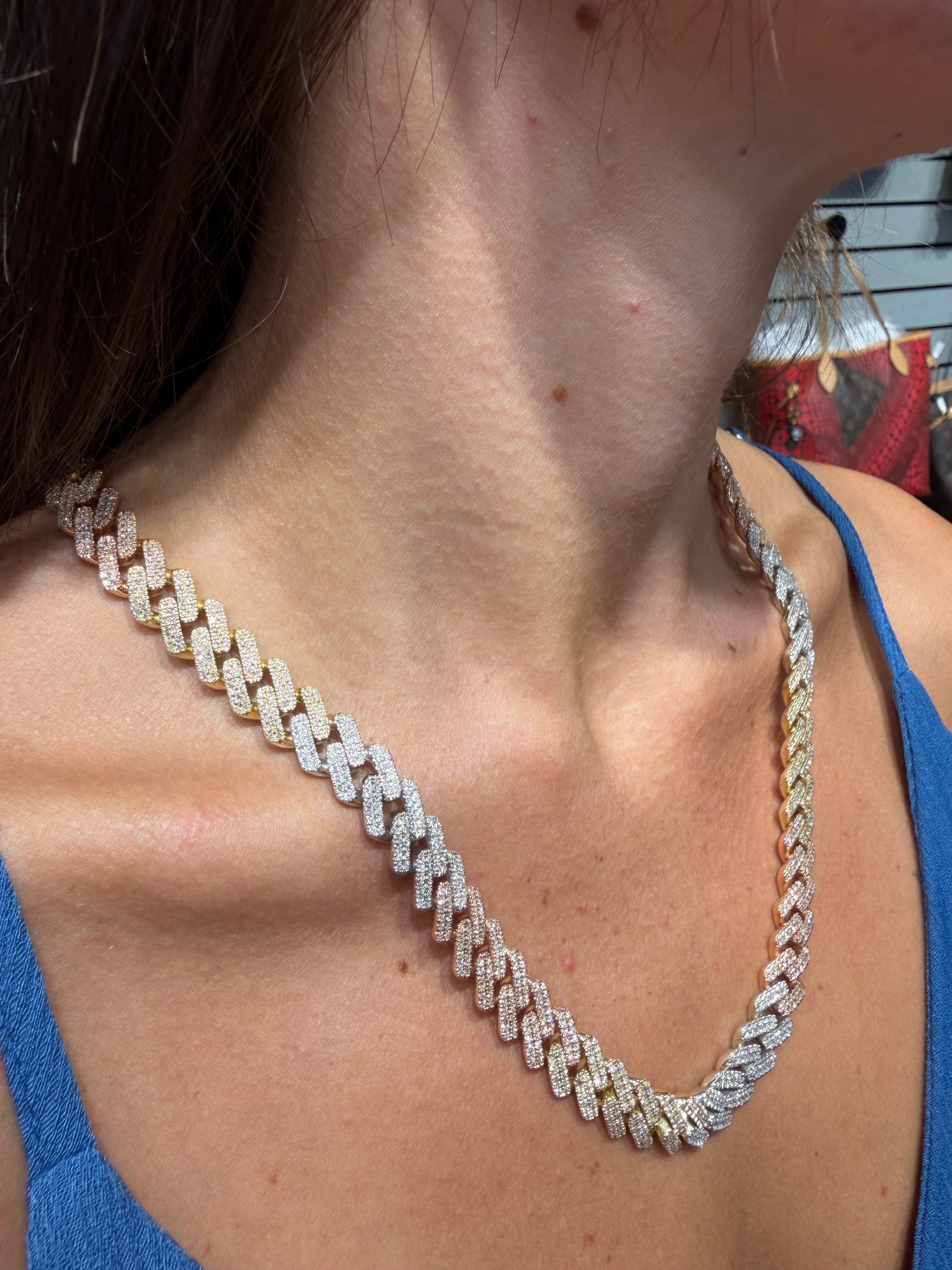 Tri Tone 9.42cttw. Natural Diamond Cuban in 10K White, Yellow, and Rose Gold (83.7g)