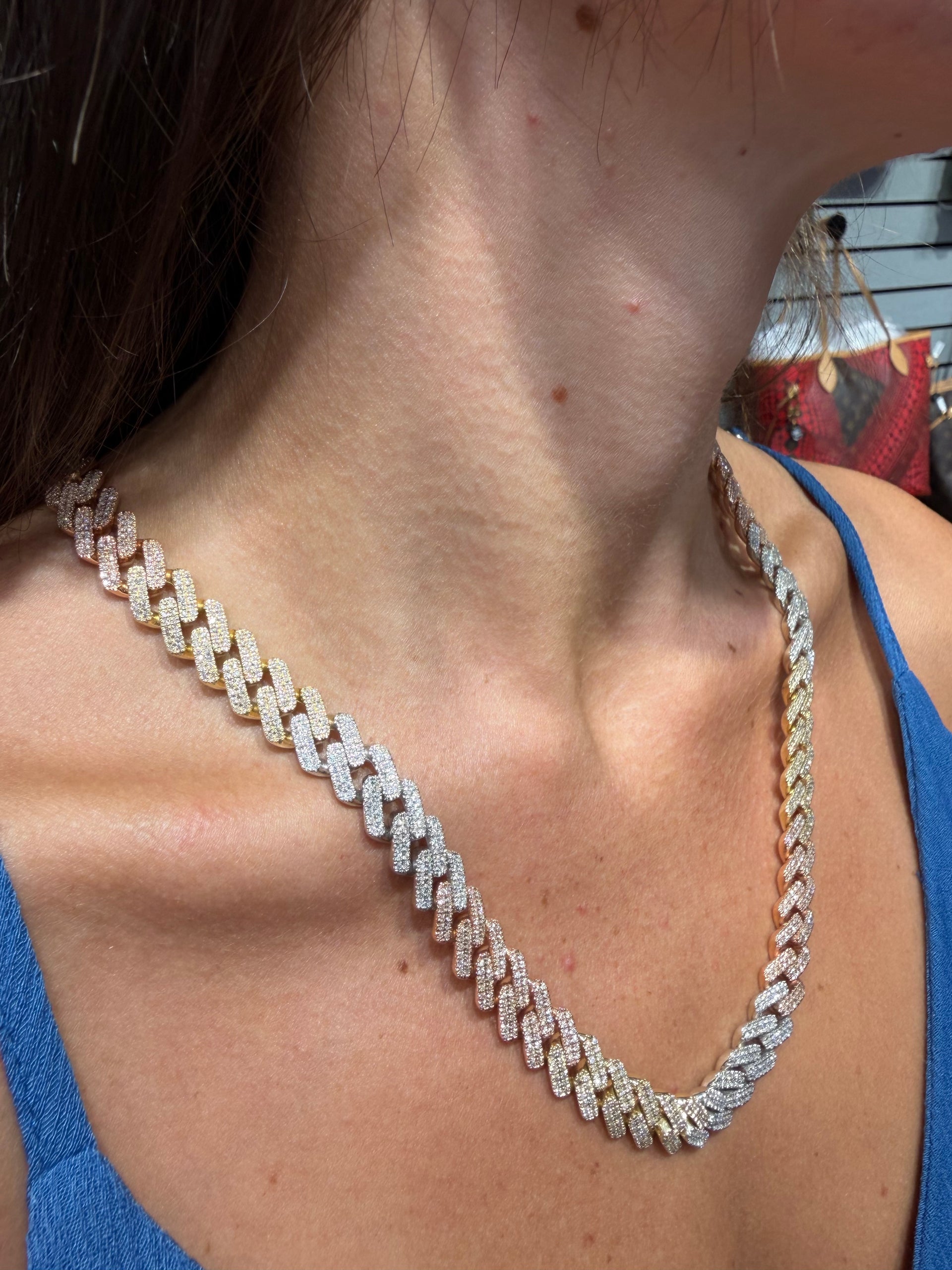 Tri Tone 9.42cttw. Natural Diamond Cuban in 10K White, Yellow, and Rose Gold (83.7g)