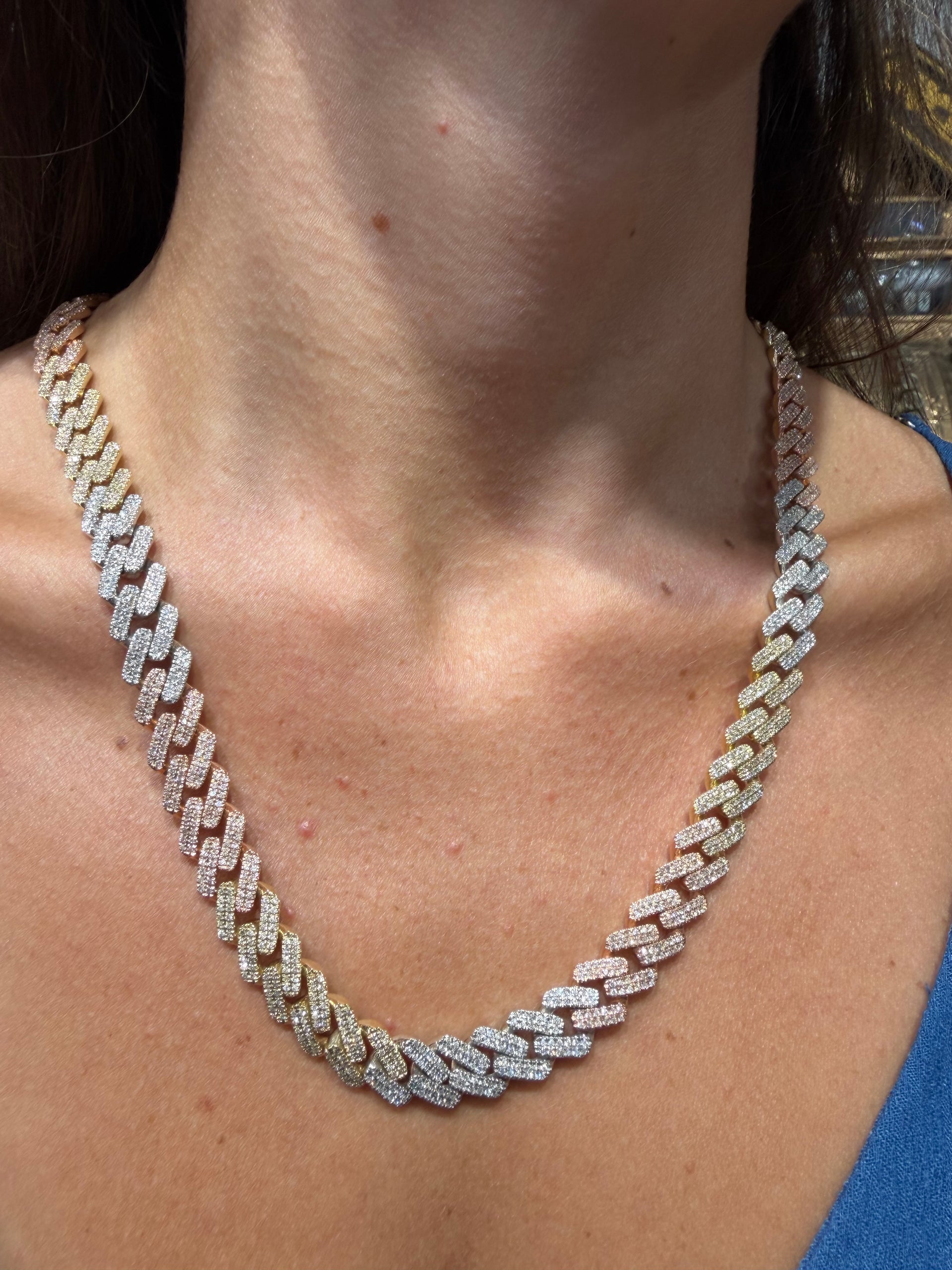 Tri Tone 9.42cttw. Natural Diamond Cuban in 10K White, Yellow, and Rose Gold (83.7g)