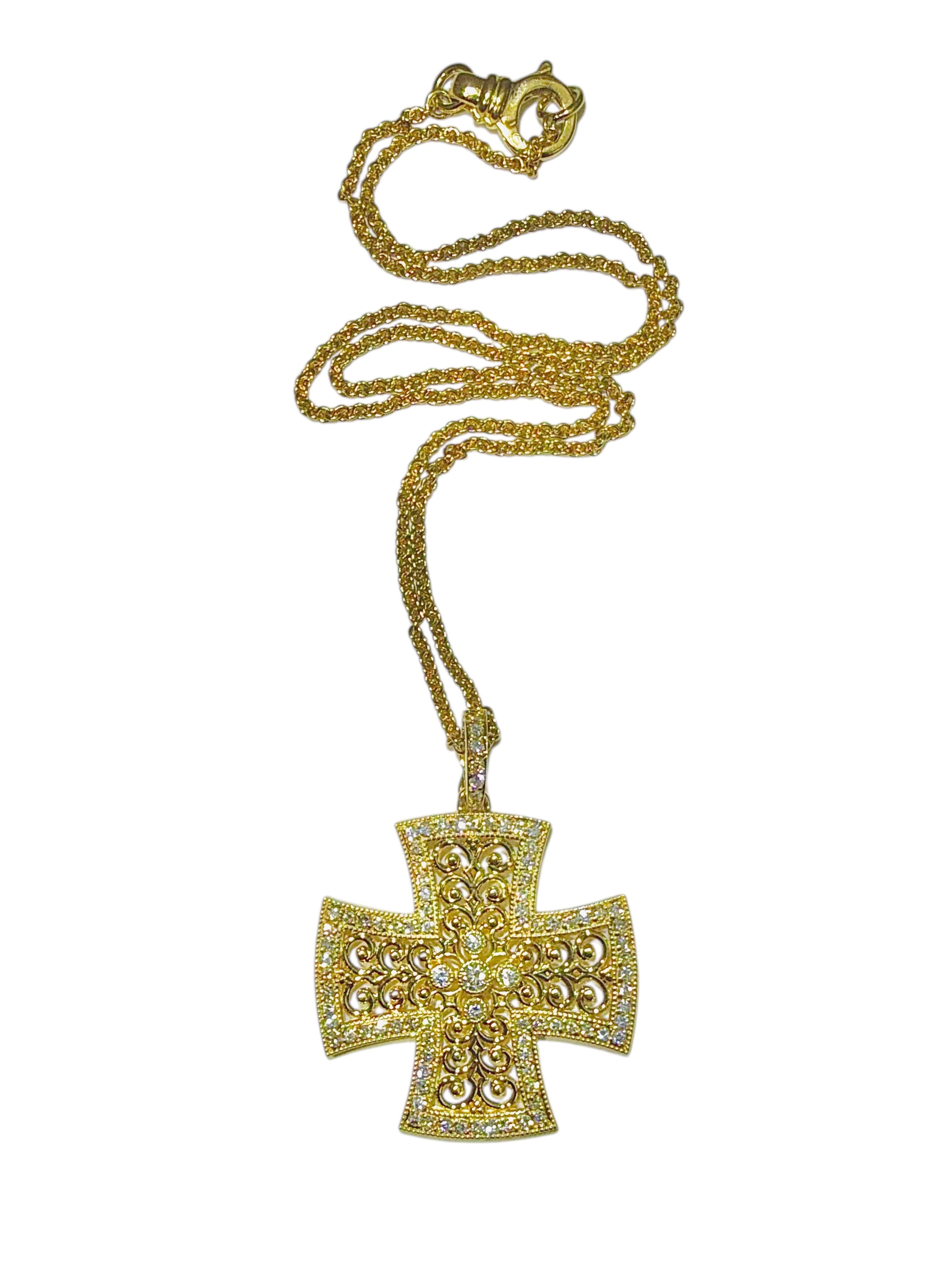 Custom Natural Diamond Filigree Cross in 18K Yellow Gold