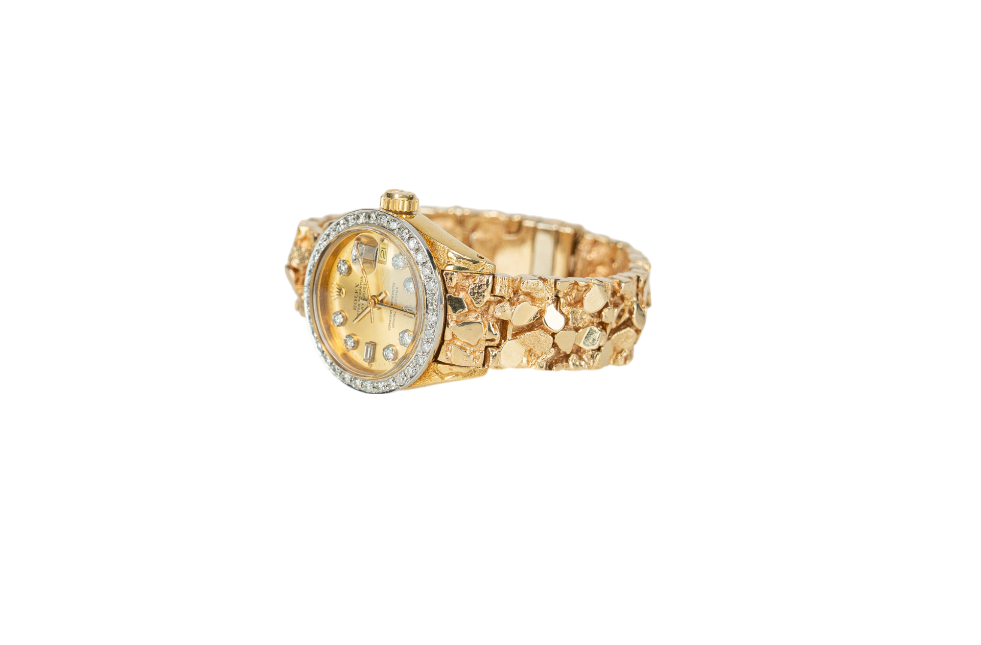 Ladies Rolex Datejust Diamond Dial Diamond Bezel on Gold Nugget Bracelet Model: 6917