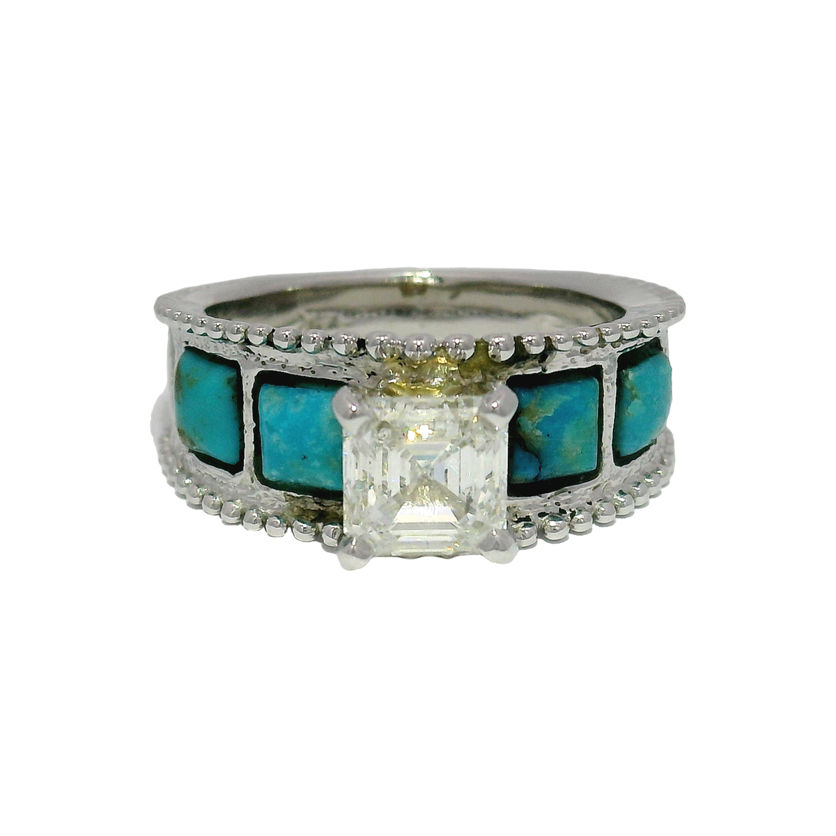 1.30ct. J VS1 Natural Asscher Cut Diamond in Custom 14K Turquoise Mounting // GIA 2231290144 Sz 6.