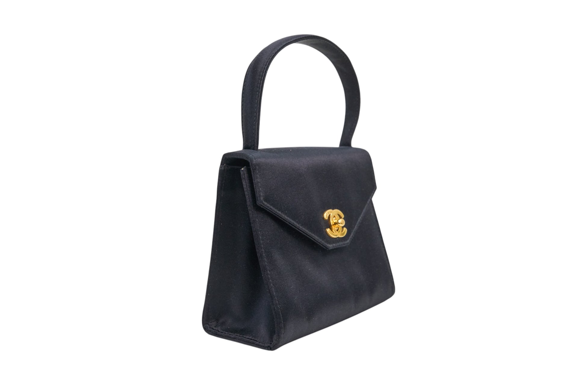 Chanel Vintage Kelly 90's Black Satin Gold Mini Evening Bag