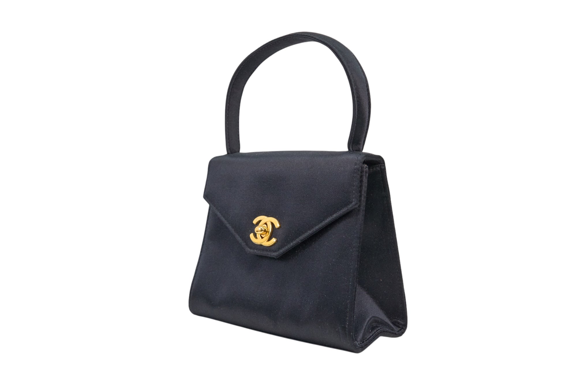 Chanel Vintage Kelly 90's Black Satin Gold Mini Evening Bag