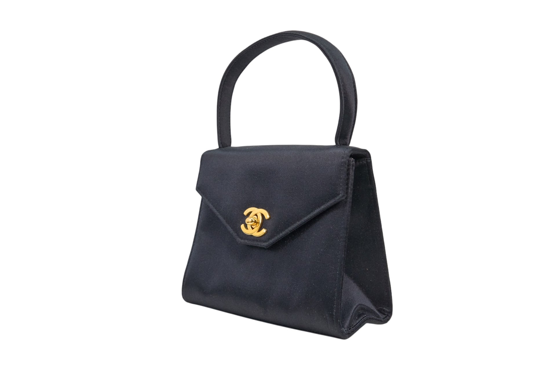 Chanel Vintage Kelly 90's Black Satin Gold Mini Evening Bag
