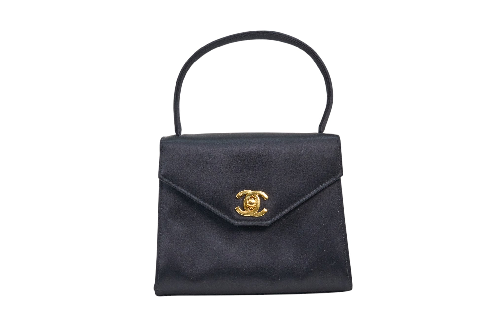Chanel Vintage Kelly 90's Black Satin Gold Mini Evening Bag