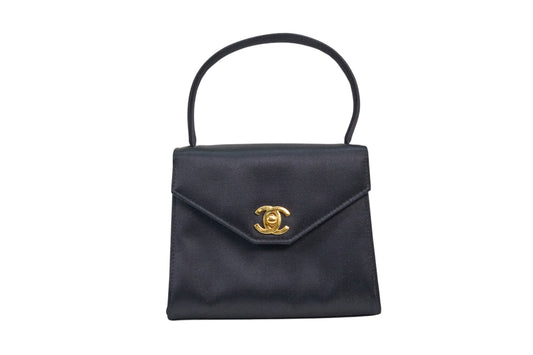 Chanel Vintage Kelly 90's Black Satin Gold Mini Evening Bag