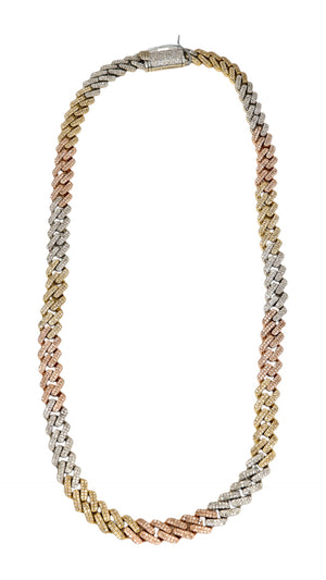 Tri Tone 9.42cttw. Natural Diamond Cuban in 10K White, Yellow, and Rose Gold (83.7g)