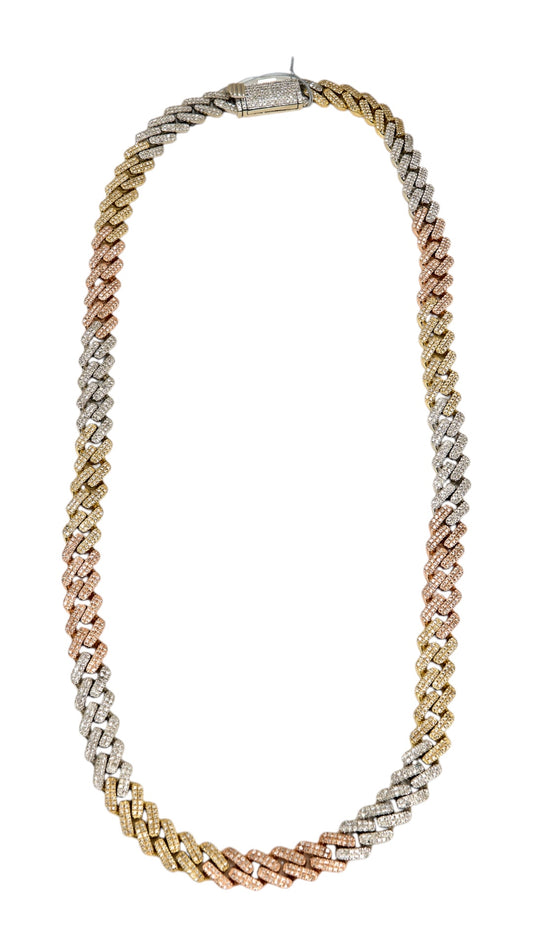 Tri Tone 9.42cttw. Natural Diamond Cuban in 10K White, Yellow, and Rose Gold (83.7g)