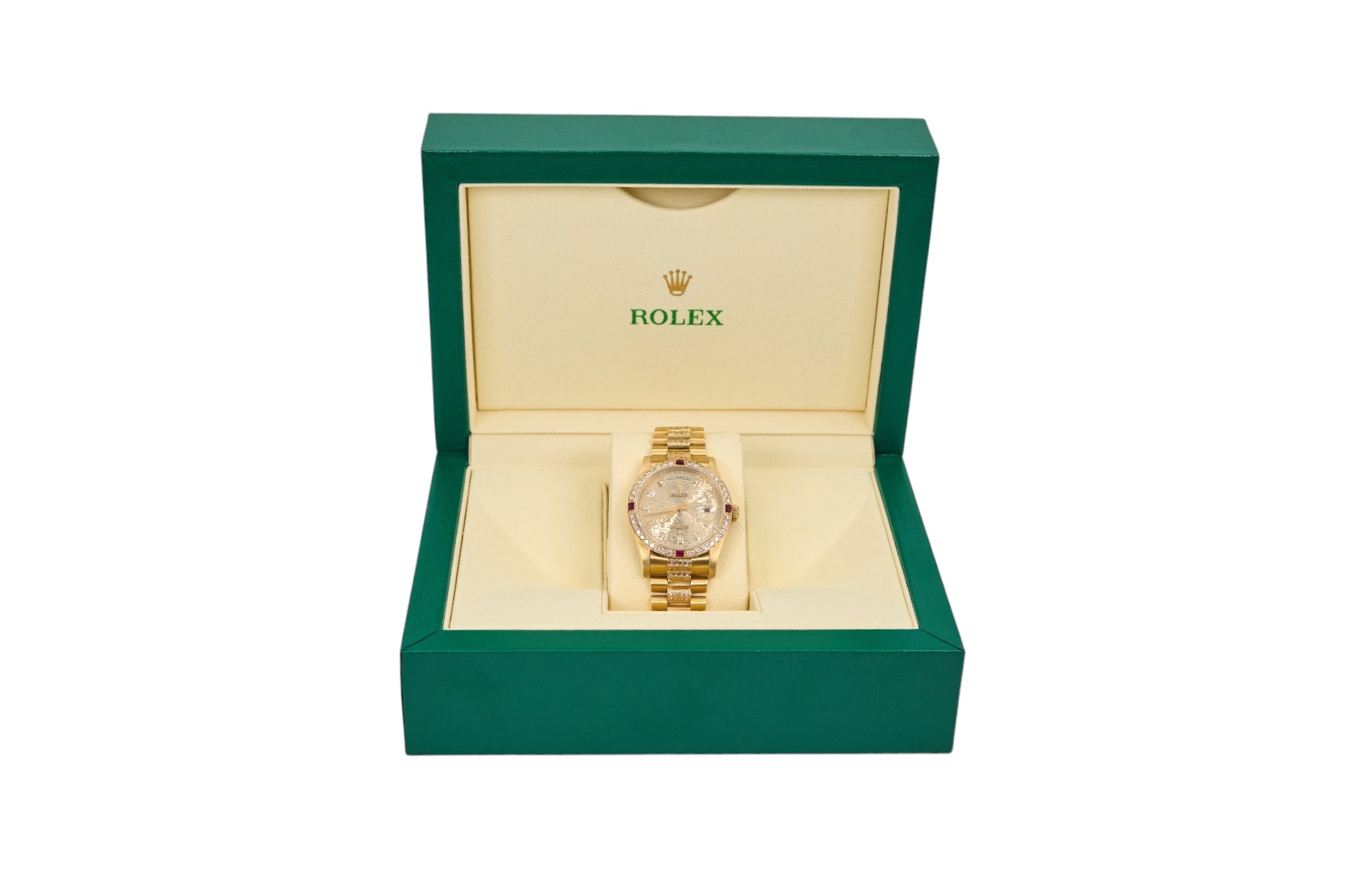36mm Rolex President in 18K Yellow Gold Featuring Natural Diamond/Ruby Bezel & Center Links
