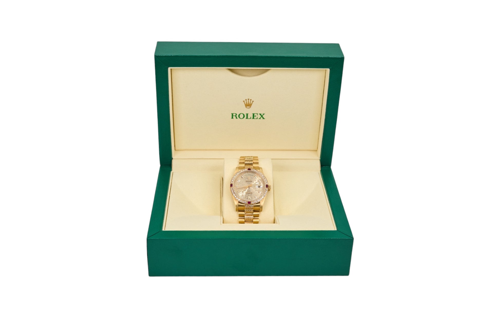 36mm Rolex President in 18K Yellow Gold Featuring Natural Diamond/Ruby Bezel & Center Links