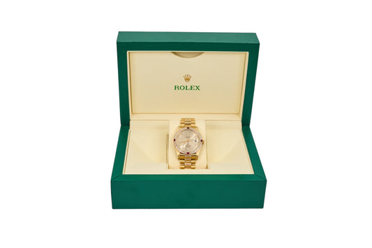 36mm Rolex President in 18K Yellow Gold Featuring Natural Diamond/Ruby Bezel & Center Links