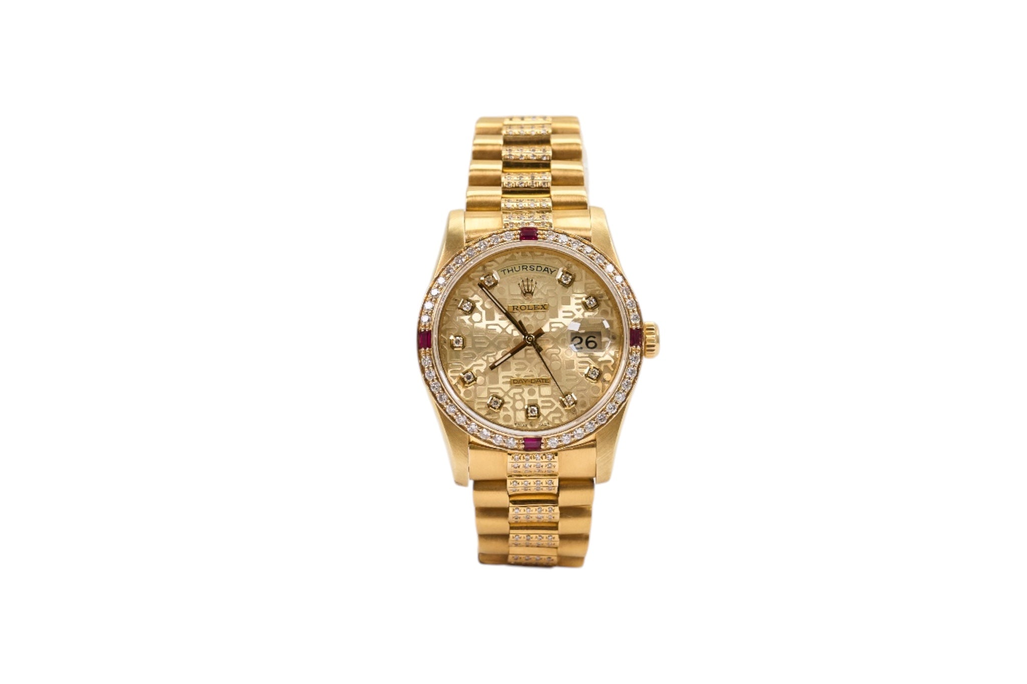 36mm Rolex President in 18K Yellow Gold Featuring Natural Diamond/Ruby Bezel & Center Links