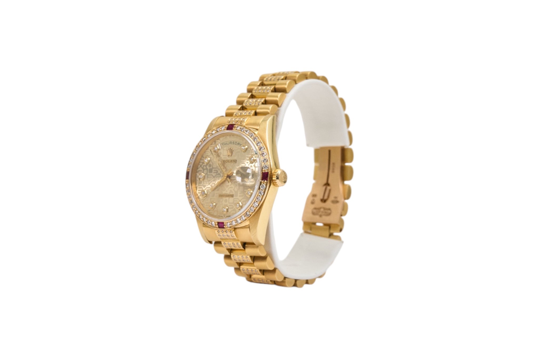 36mm Rolex President in 18K Yellow Gold Featuring Natural Diamond/Ruby Bezel & Center Links