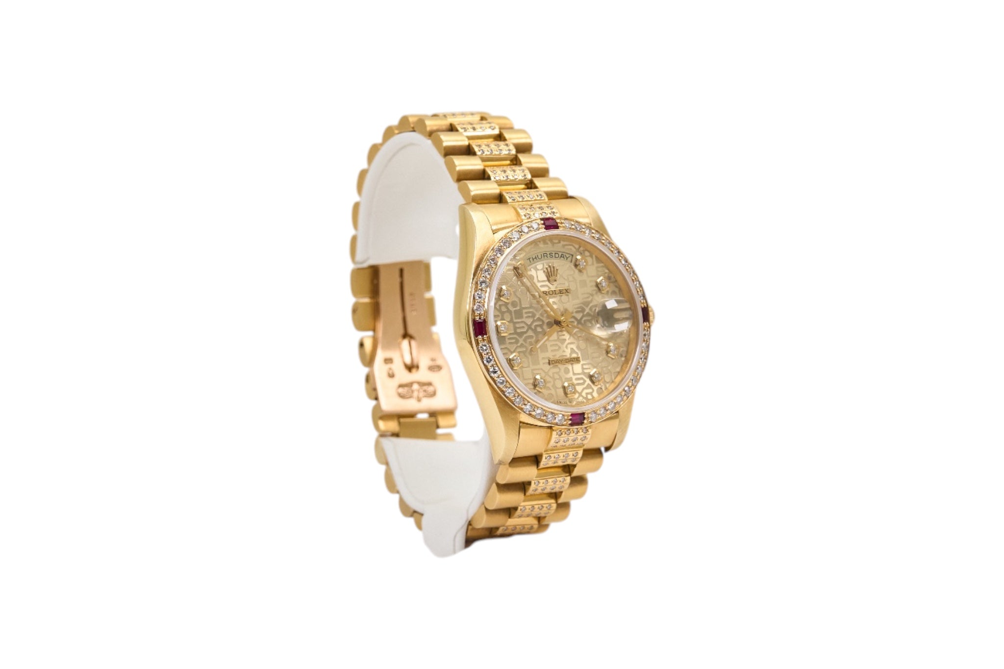 36mm Rolex President in 18K Yellow Gold Featuring Natural Diamond/Ruby Bezel & Center Links