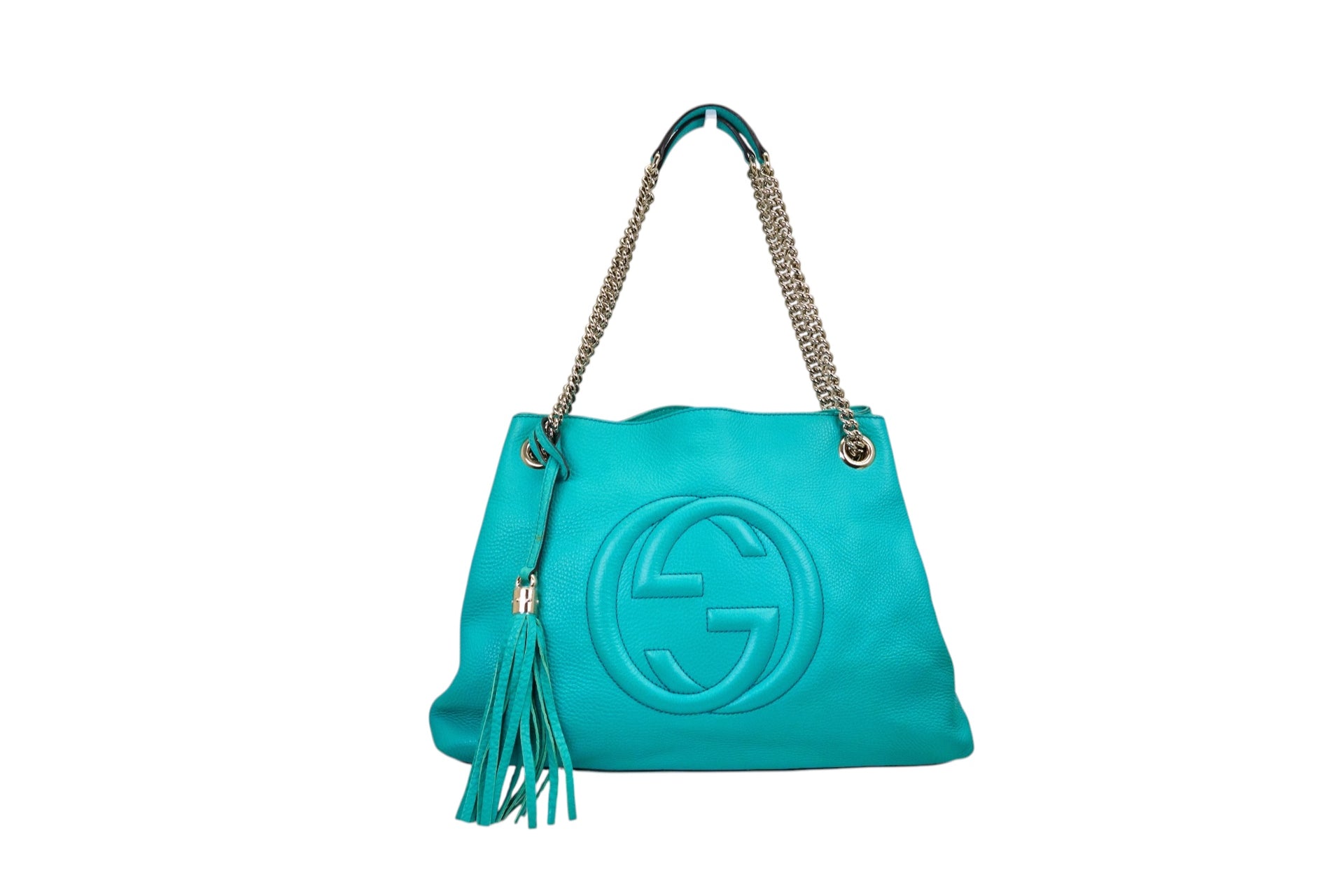 Gucci Soho Chain Shoulder Bag in Turquoise Pebbled Calfskin Leather