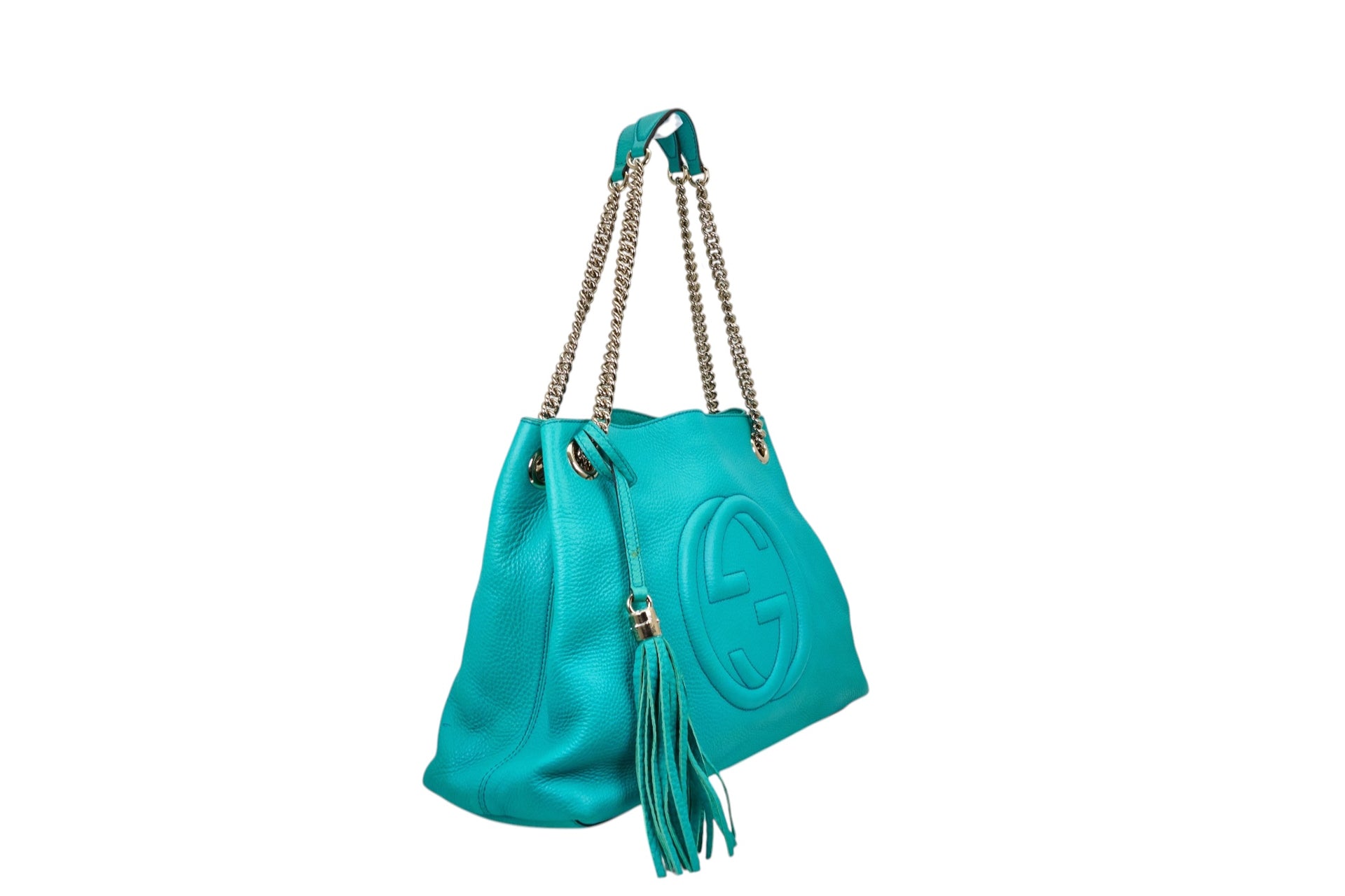 Gucci Soho Chain Shoulder Bag in Turquoise Pebbled Calfskin Leather