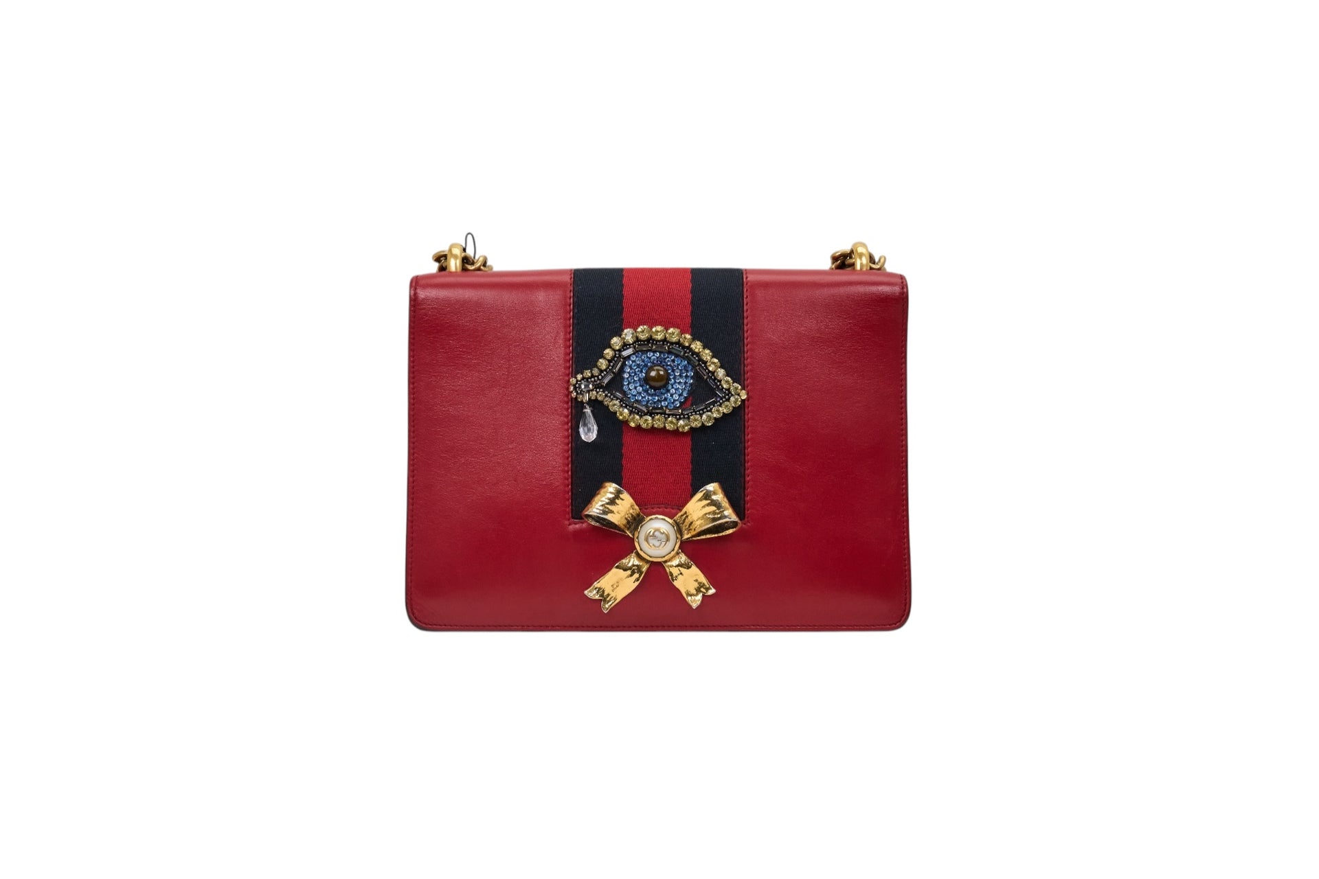 Gucci Red Leather Beaded Eye Bow Peony Shoulder Bag