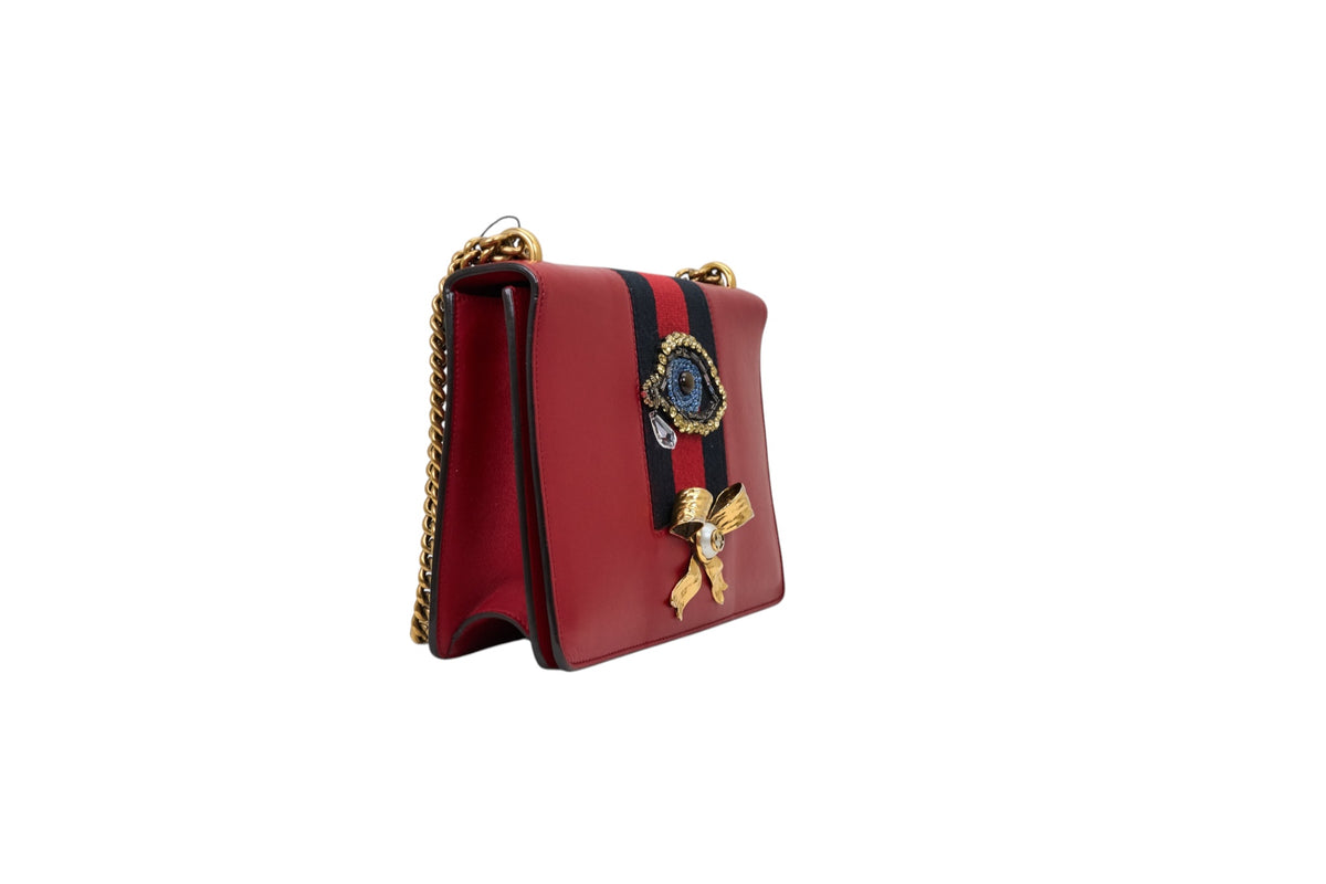 Gucci Red Leather Beaded Eye Bow Peony Shoulder Bag