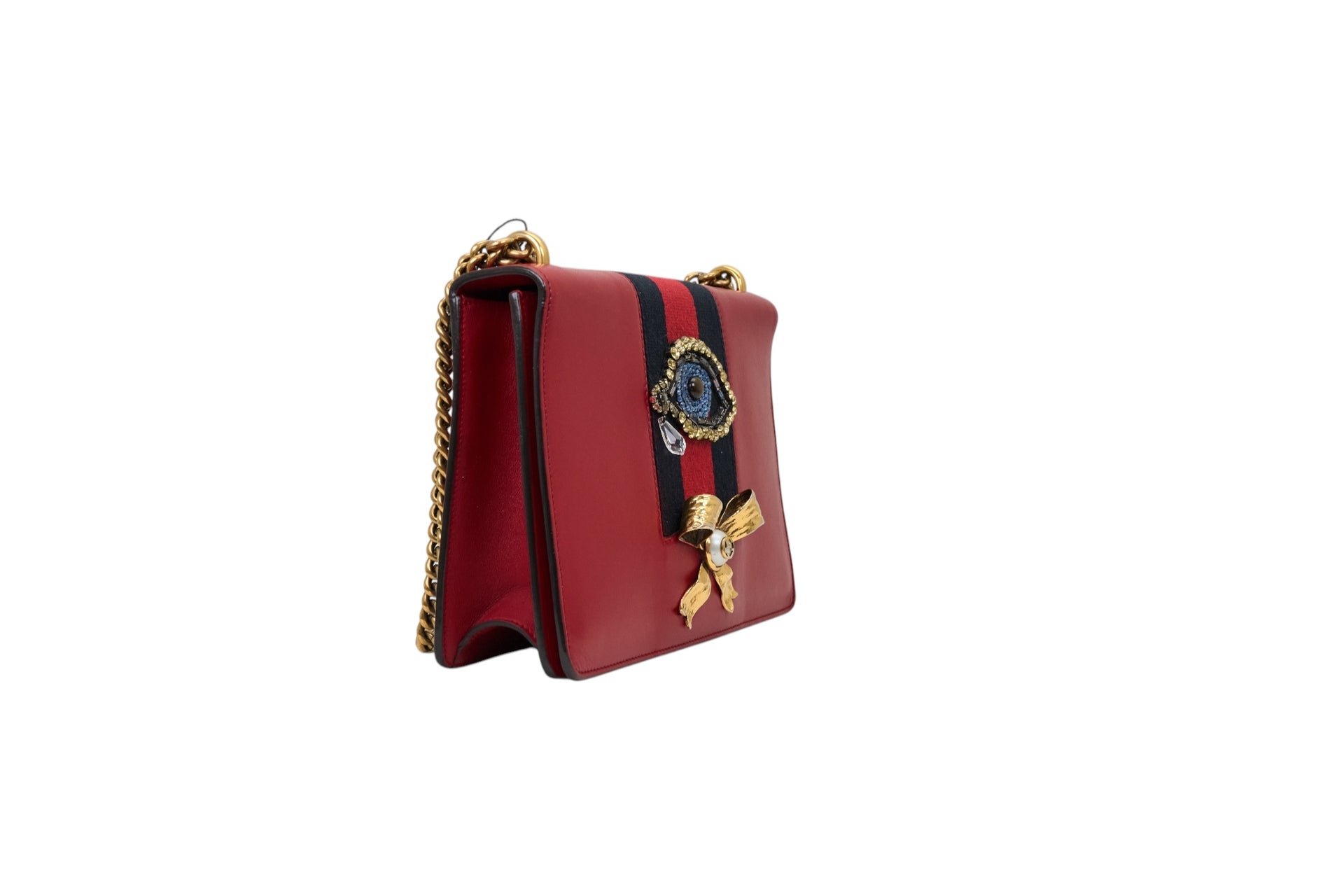 Gucci Red Leather Beaded Eye Bow Peony Shoulder Bag