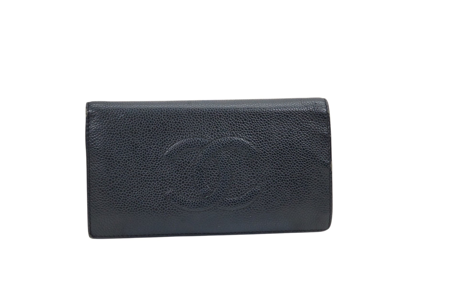 Chanel Black Caviar Leather CC Embossed Long Bifold Wallet