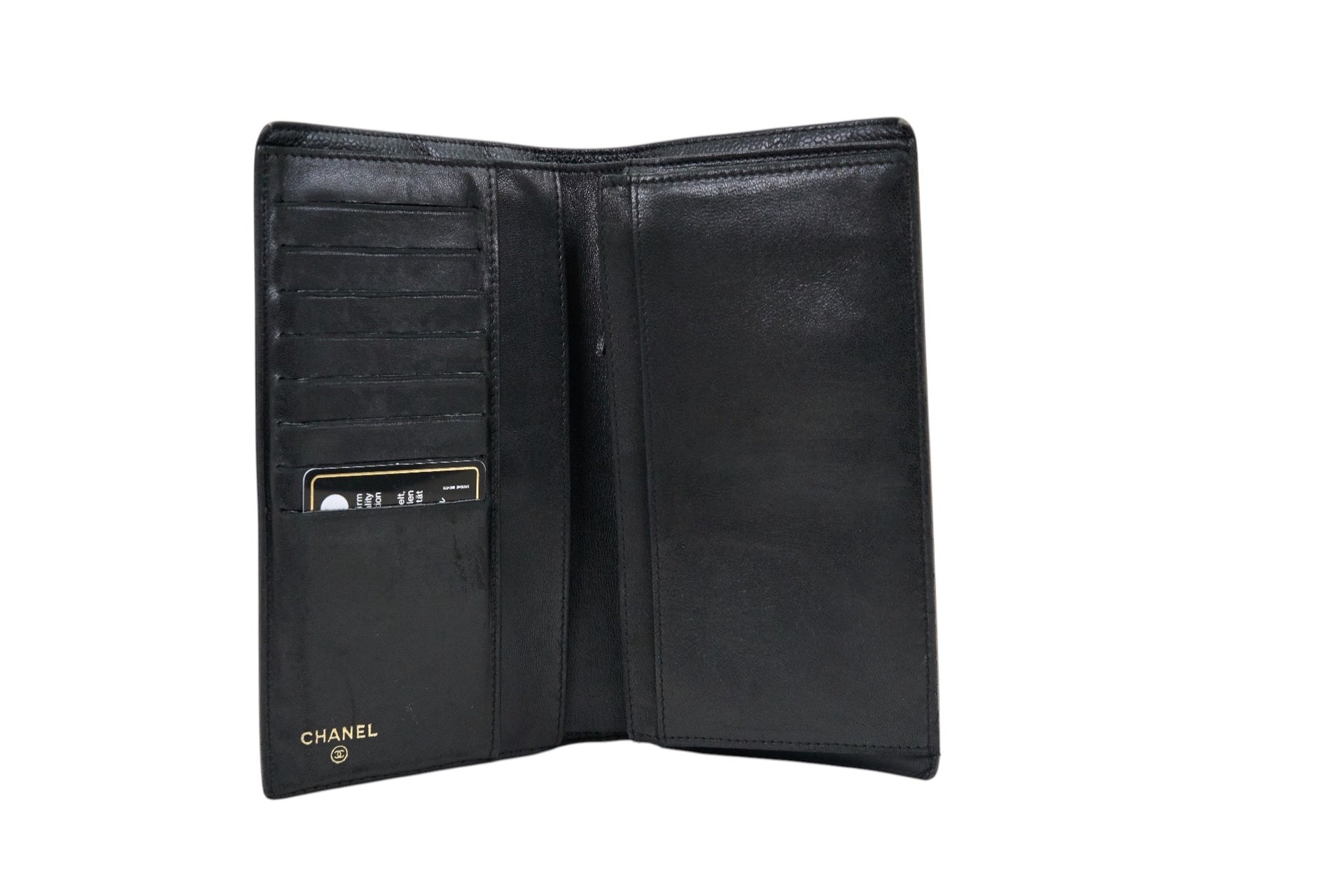 Chanel Black Caviar Leather CC Embossed Long Bifold Wallet