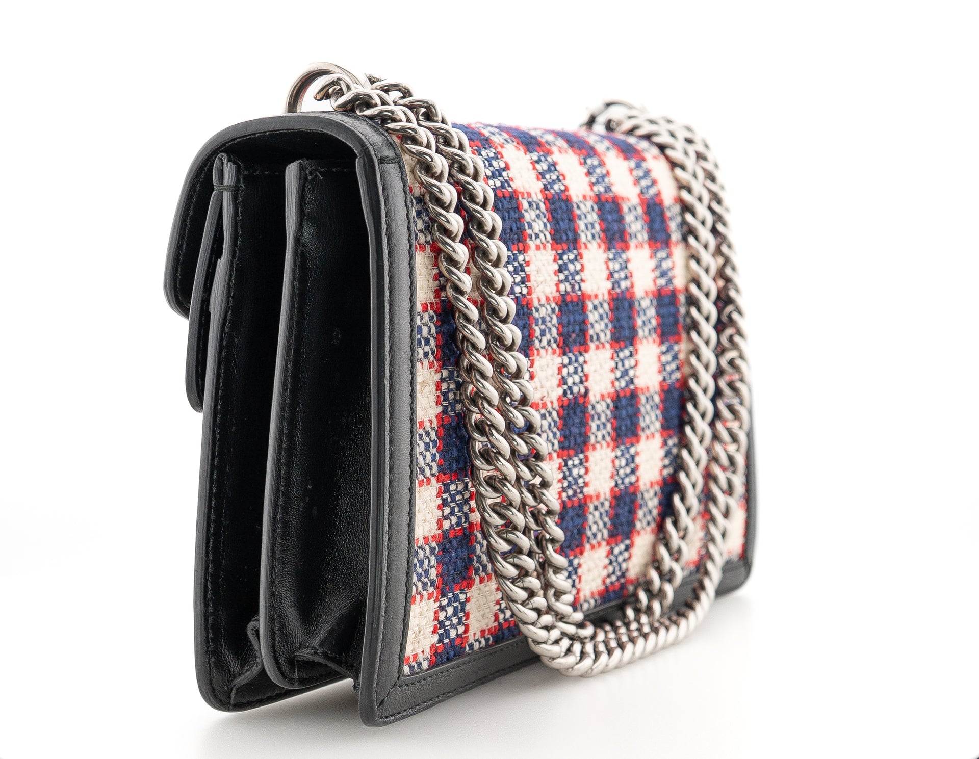 Gucci Tweed Check Small Dionysus Shoulder Bag White Hibiscus Red Marine