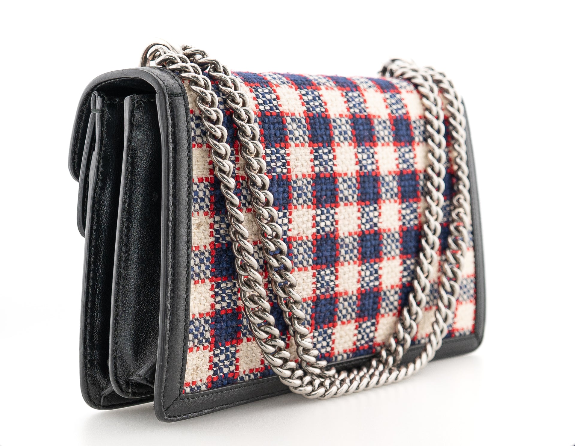 Gucci Tweed Check Small Dionysus Shoulder Bag White Hibiscus Red Marine
