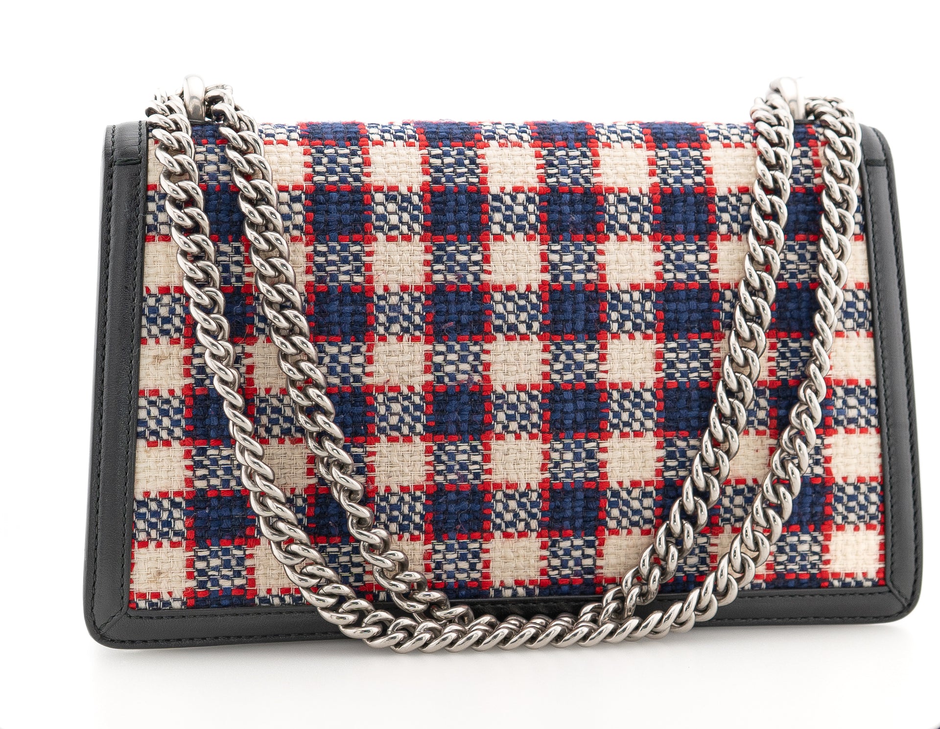 Gucci Tweed Check Small Dionysus Shoulder Bag White Hibiscus Red Marine