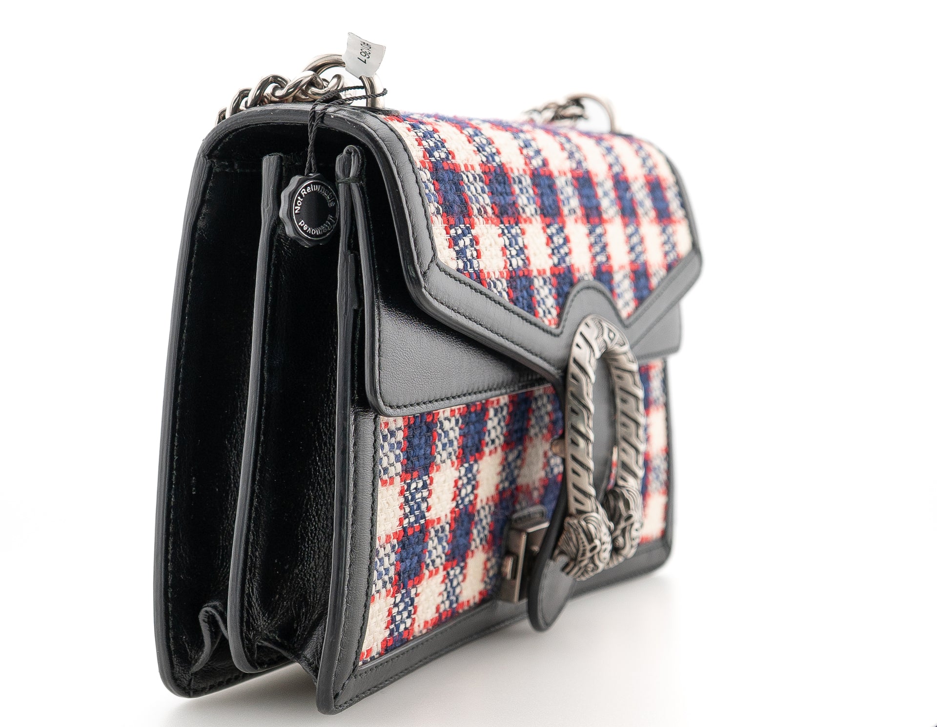 Gucci Tweed Check Small Dionysus Shoulder Bag White Hibiscus Red Marine