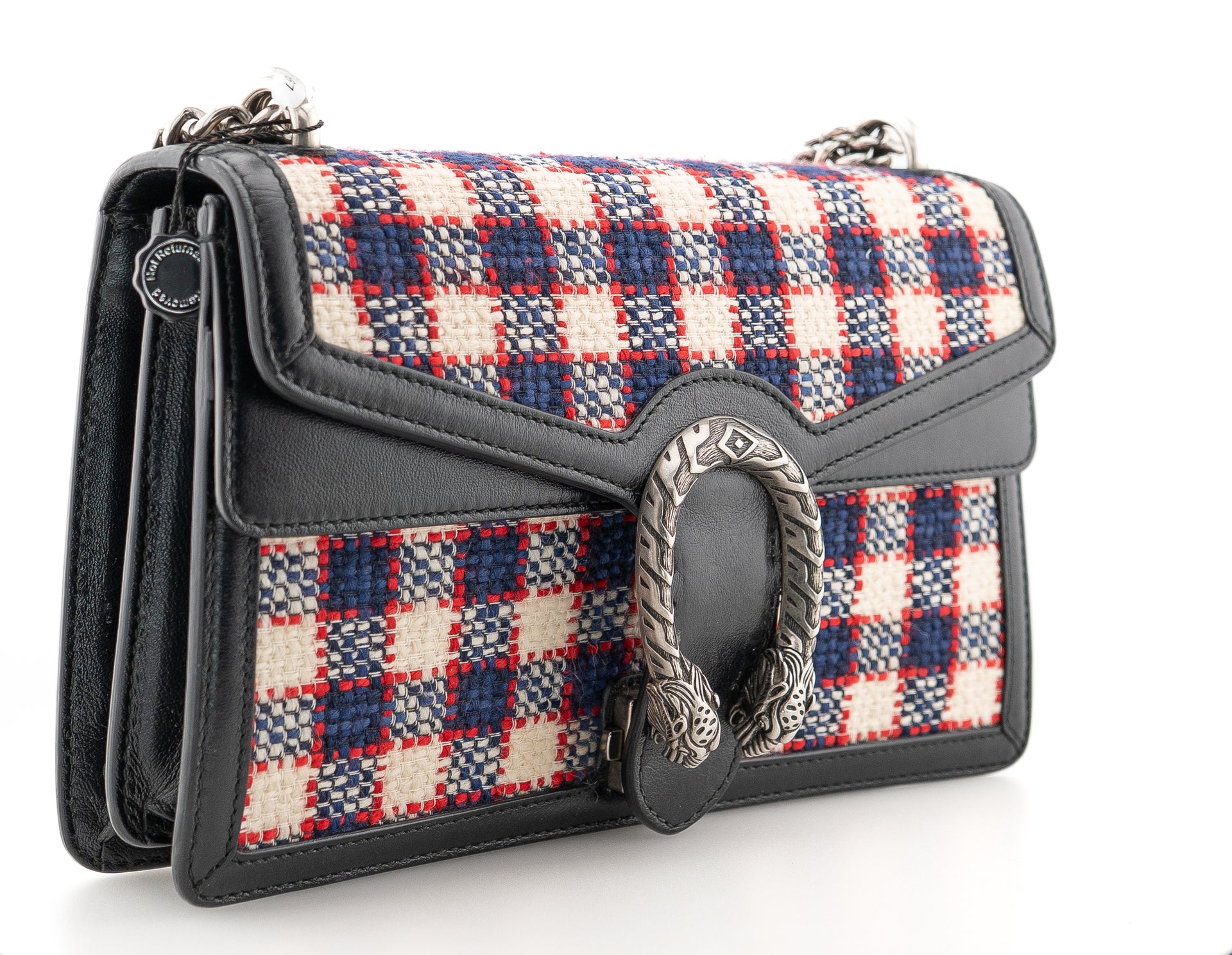 Gucci Tweed Check Small Dionysus Shoulder Bag White Hibiscus Red Marine
