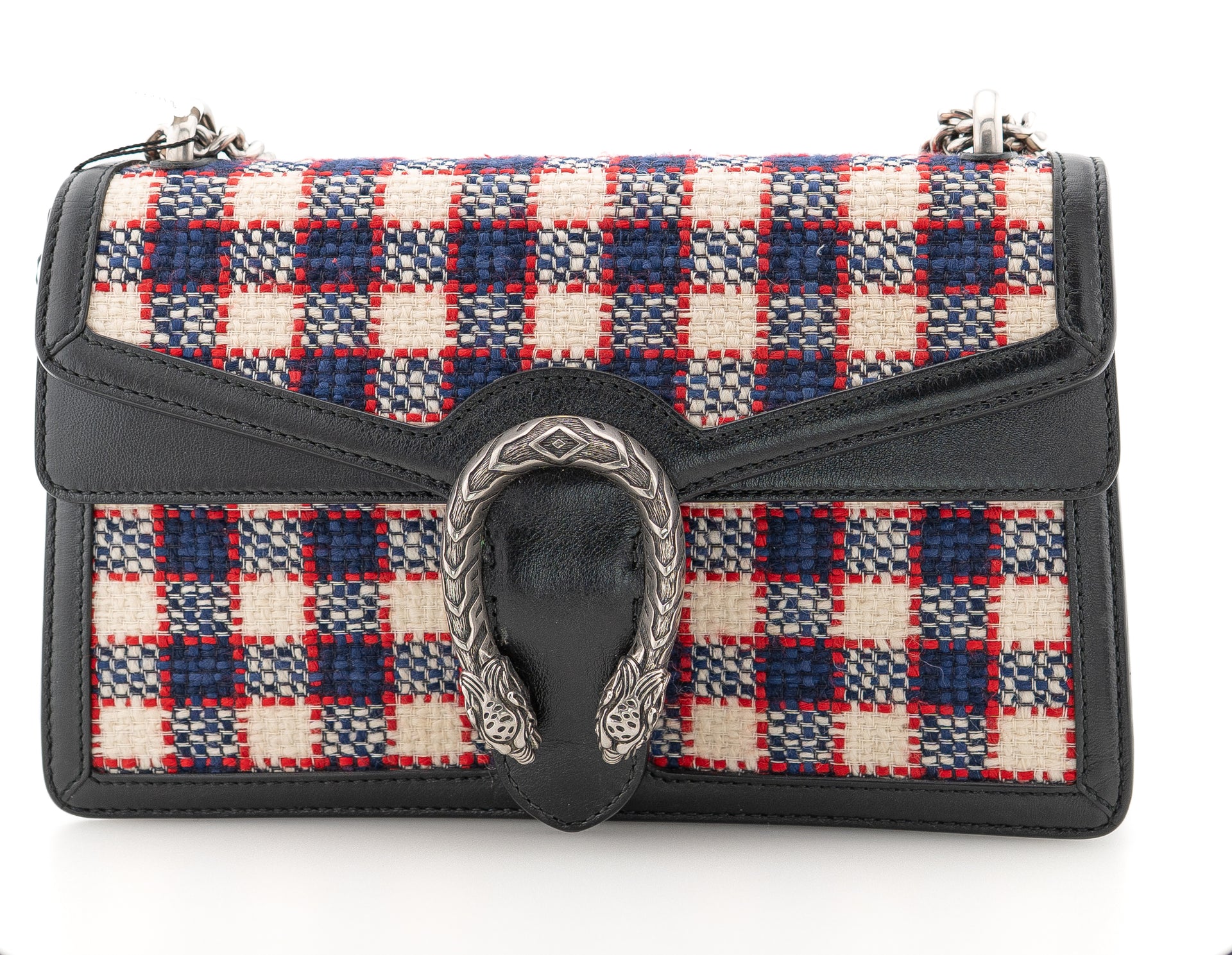 Gucci Tweed Check Small Dionysus Shoulder Bag White Hibiscus Red Marine