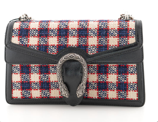 Gucci Tweed Check Small Dionysus Shoulder Bag White Hibiscus Red Marine