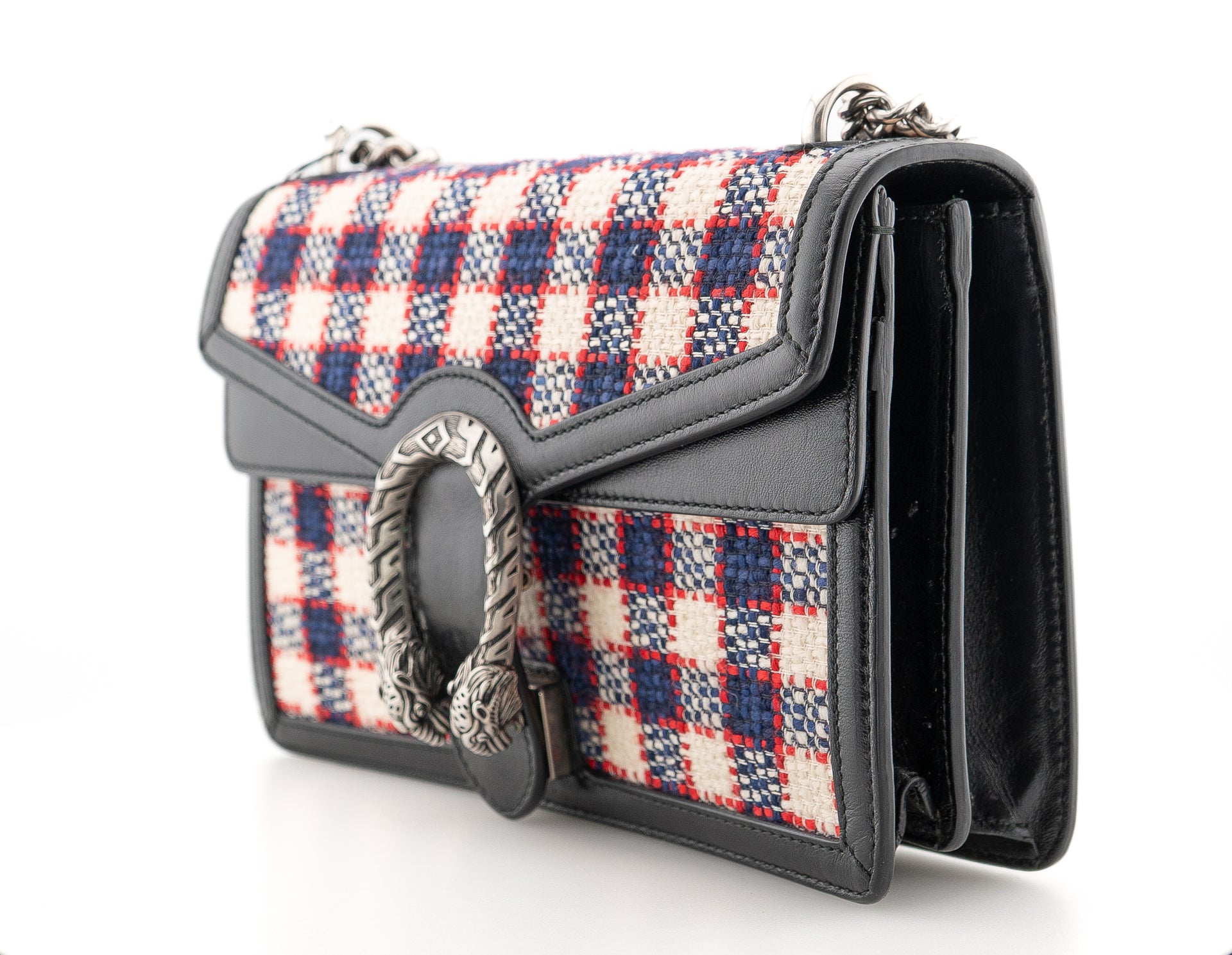 Gucci Tweed Check Small Dionysus Shoulder Bag White Hibiscus Red Marine