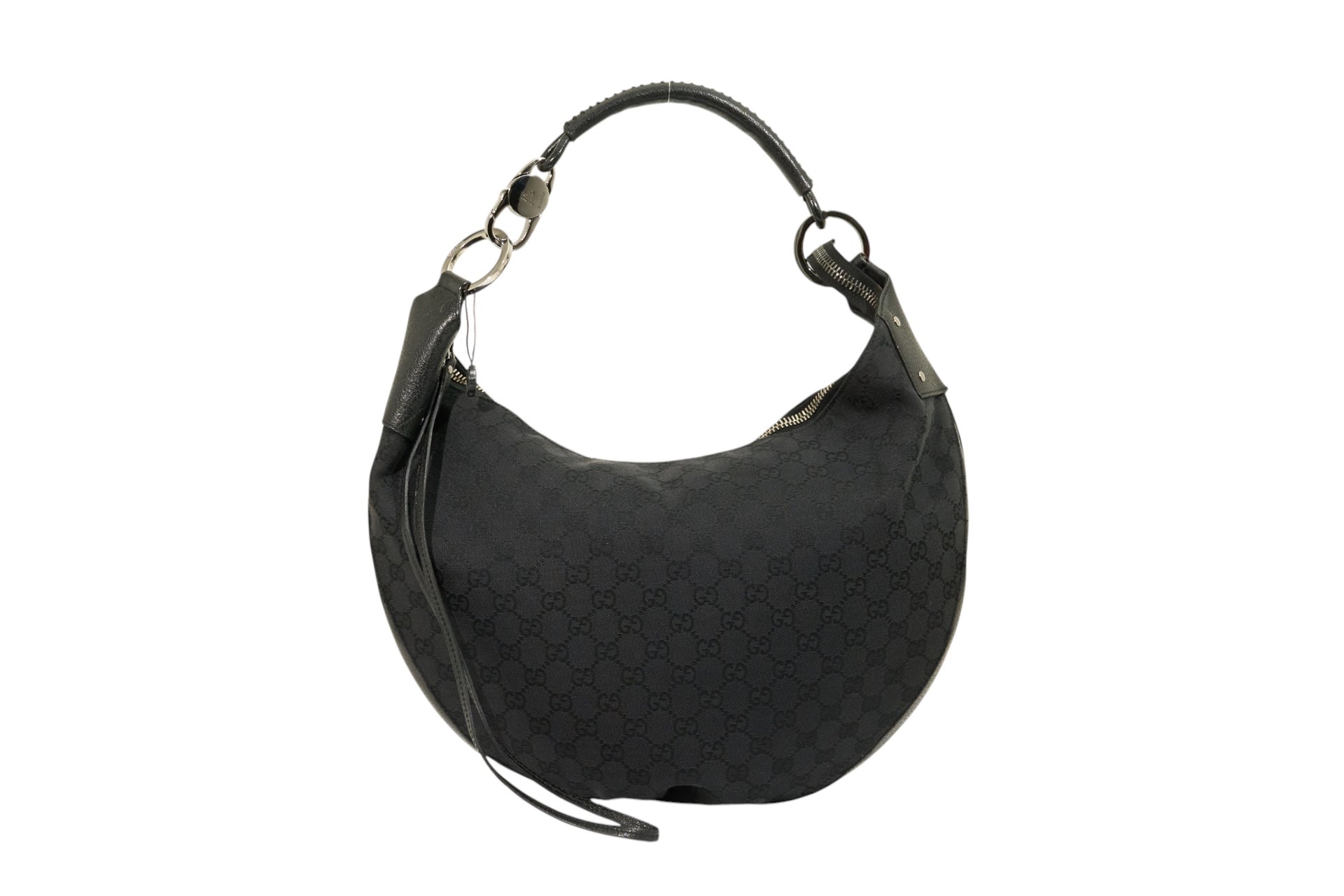 Gucci Monogram Hobo Black Patent Leather Trim Canvas Medium