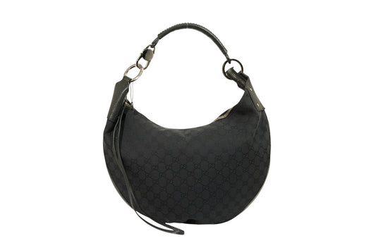 Gucci Monogram Hobo Black Patent Leather Trim Canvas Medium
