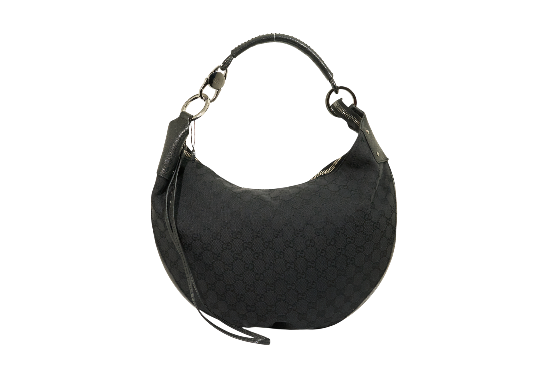 Gucci Monogram Hobo Black Patent Leather Trim Canvas Medium