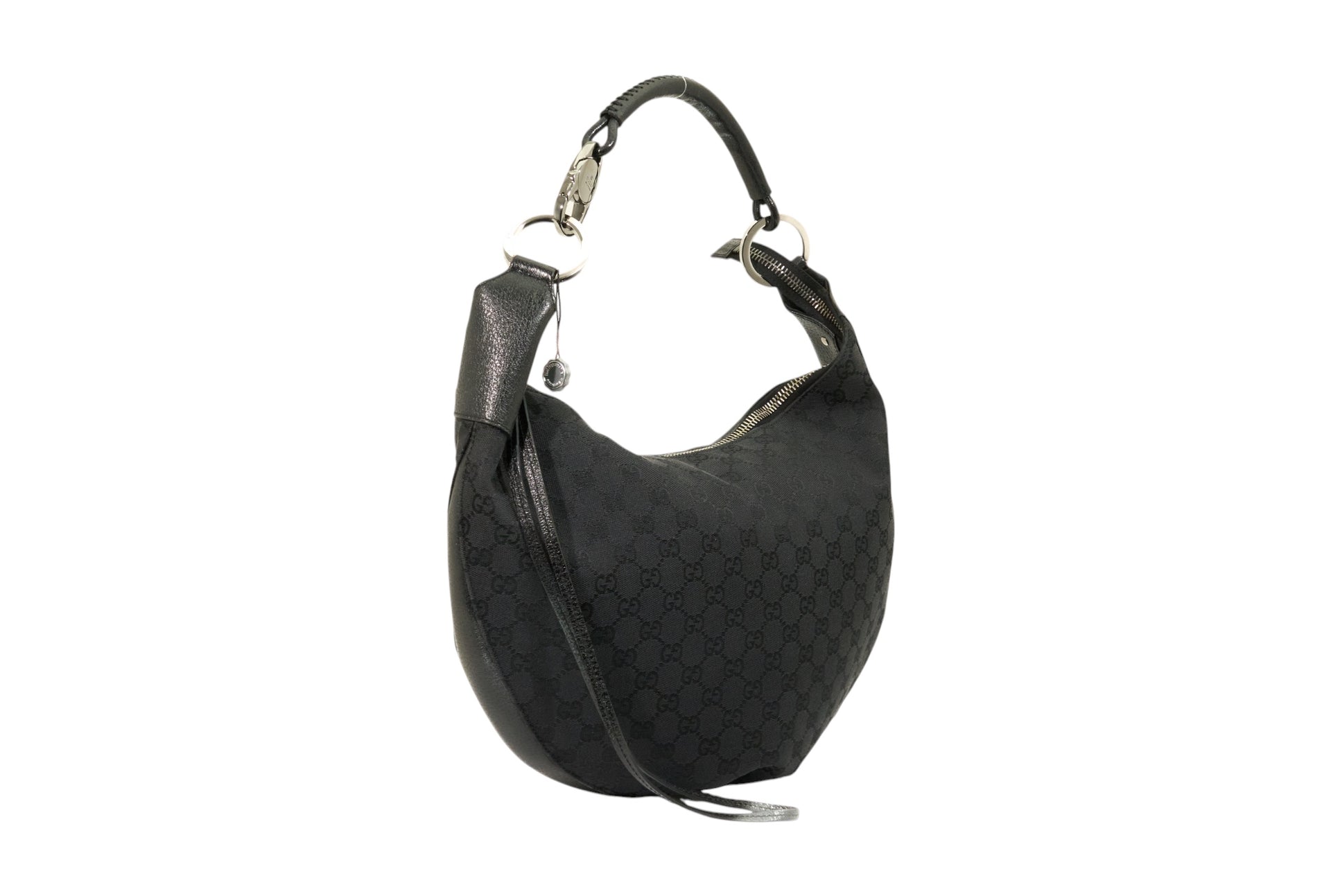 Gucci Monogram Hobo Black Patent Leather Trim Canvas Medium