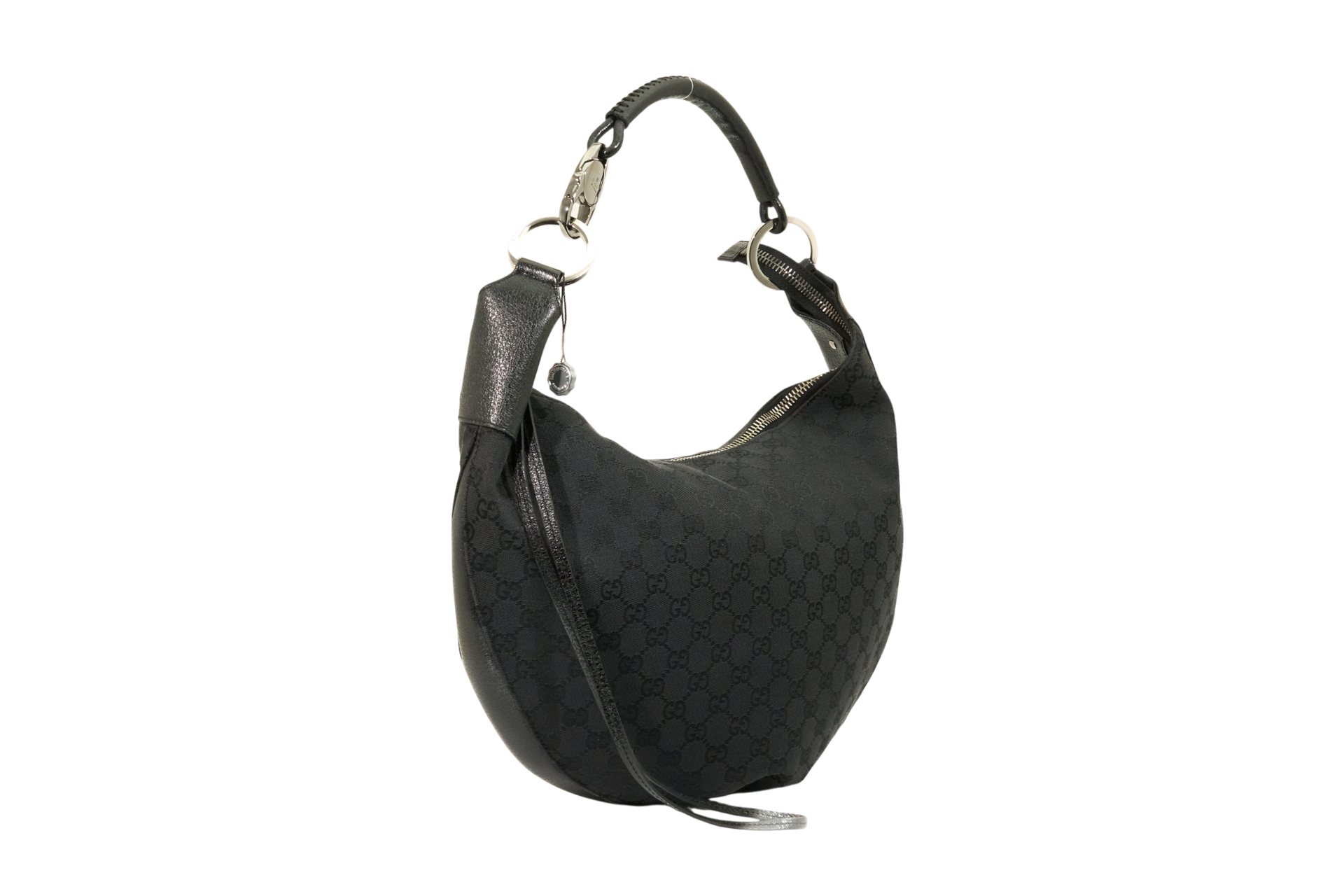 Gucci Monogram Hobo Black Patent Leather Trim Canvas Medium